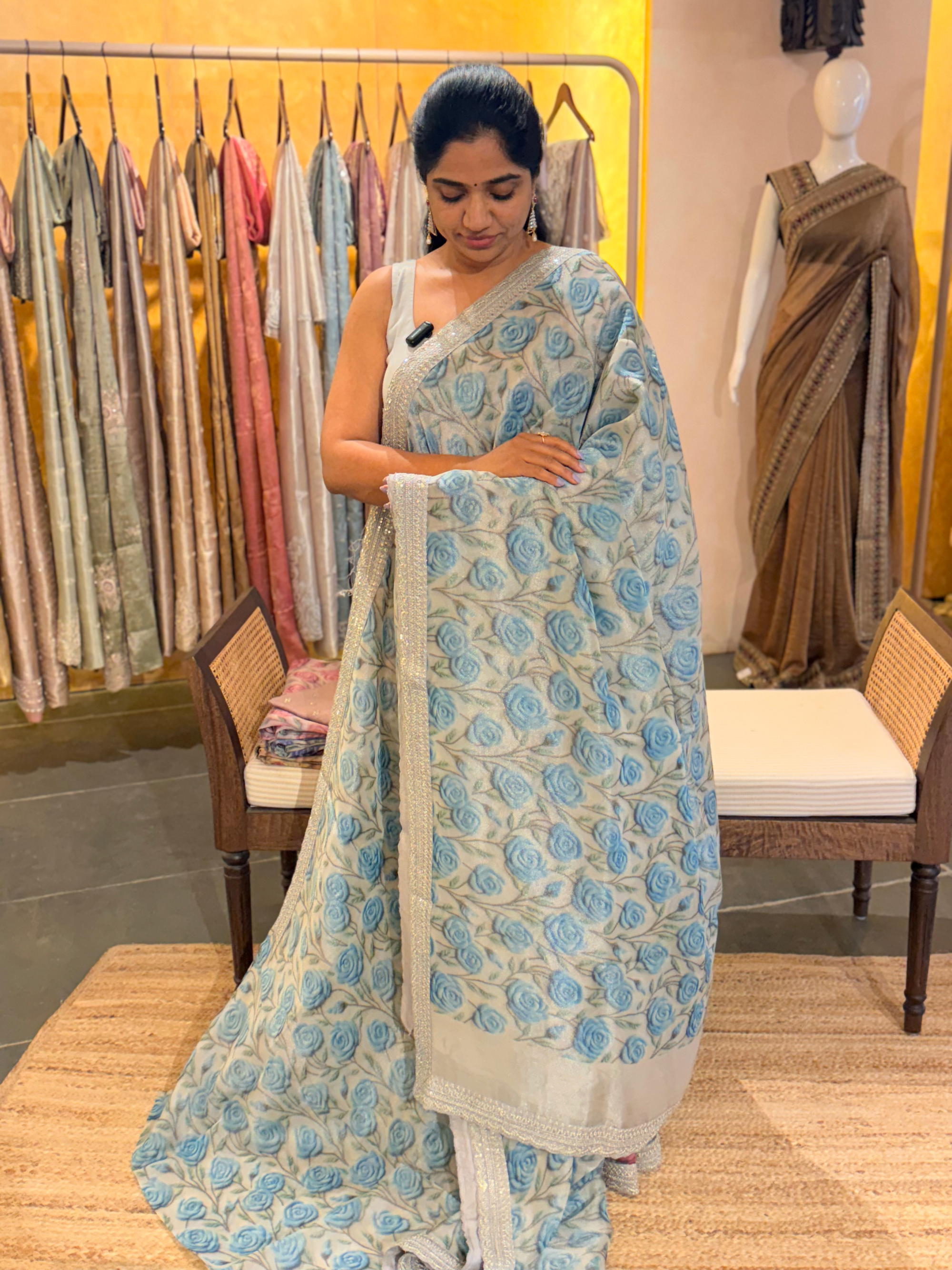 Tissue Gorgette Saree with 3D Floral Print hemlined with Sabhyasachi borders
