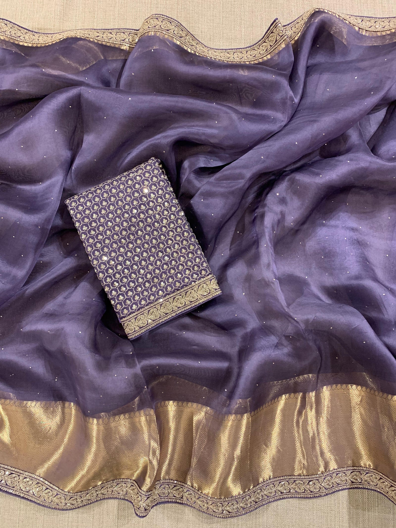 SK1091414ORG:Bluish Violet Kanchi Kora Saree with allover mukaish handwork