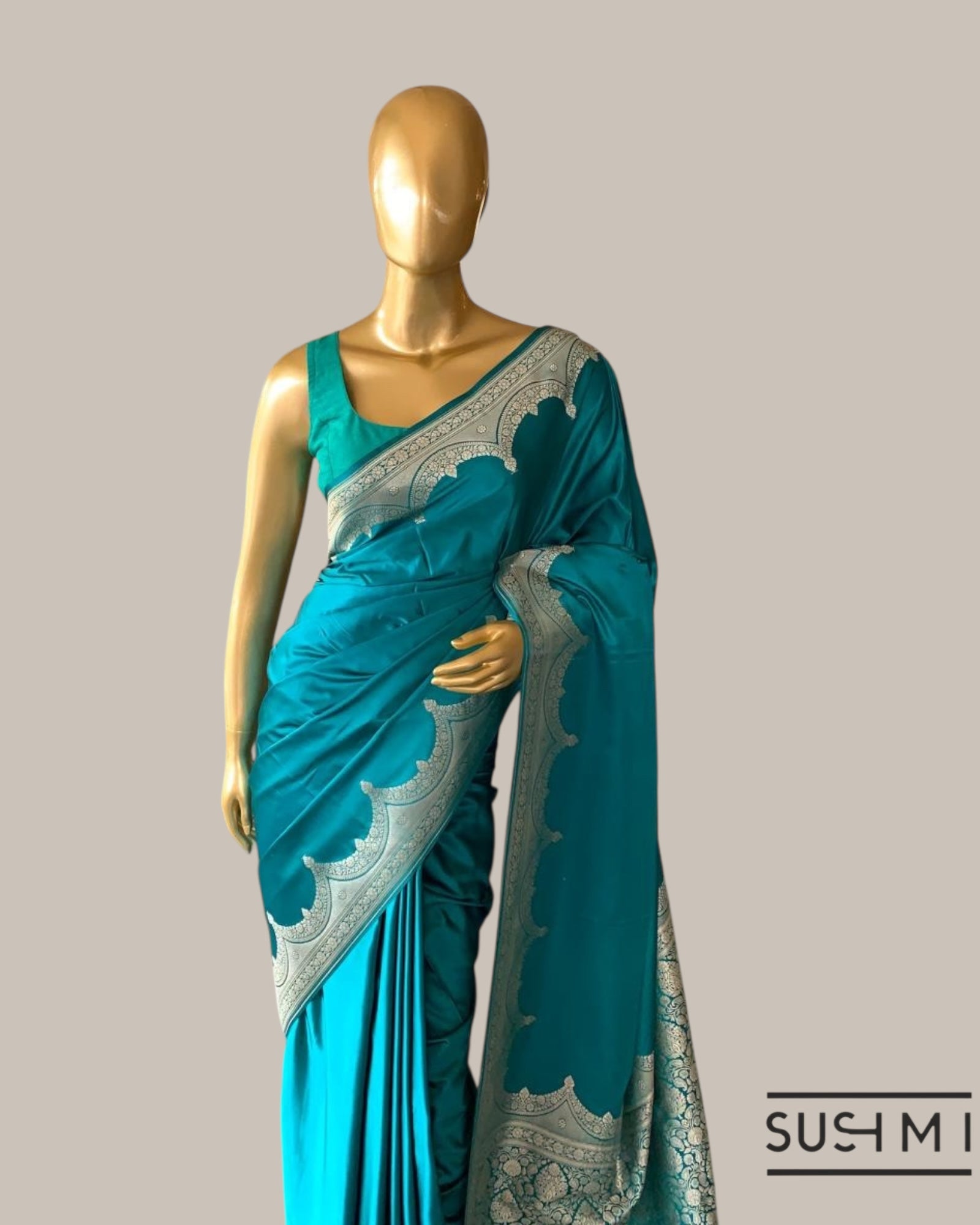 Peacock Blue Mashru Silk Saree With Scalloped Border