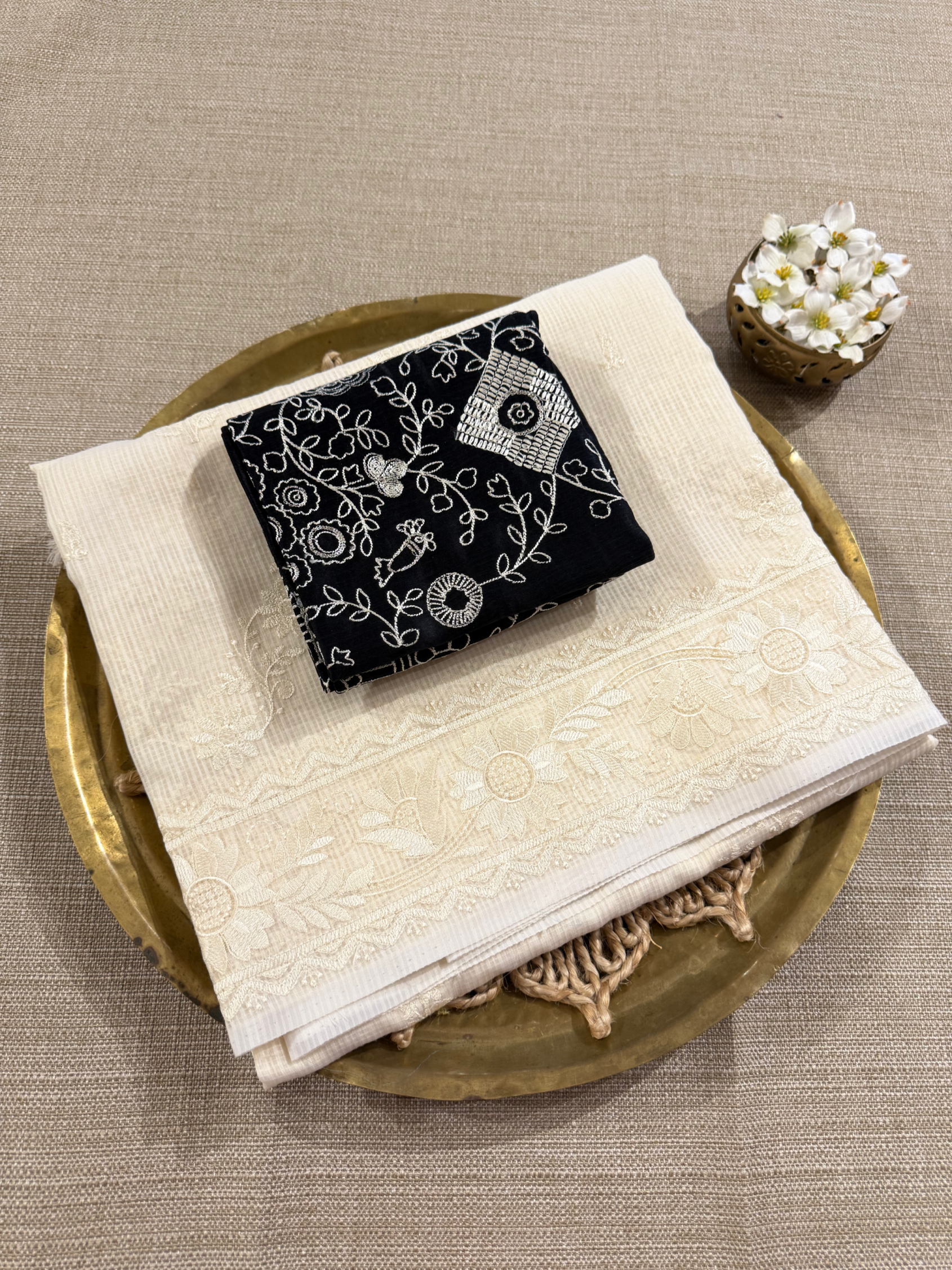 KCCA1904 : Kota Cotton Chikankari Embroidered Saree paired with Fusion Blouses