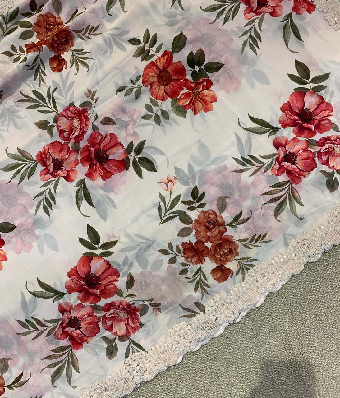 Crepe Silk Gorgette Floral Printed Saree with Cutwork Border