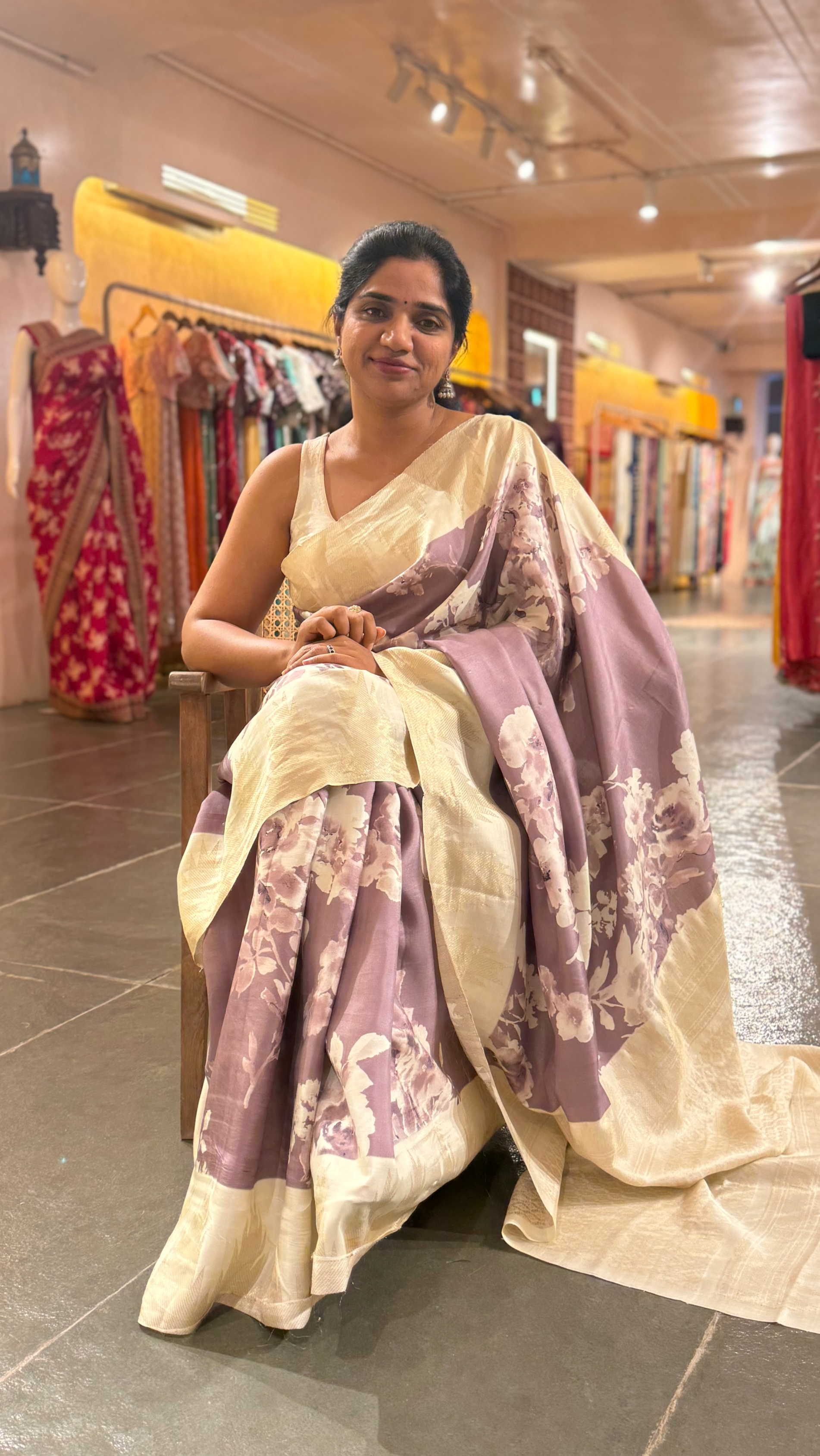 Mauve Printed Kanchi Silk soft drape Saree with temple borders