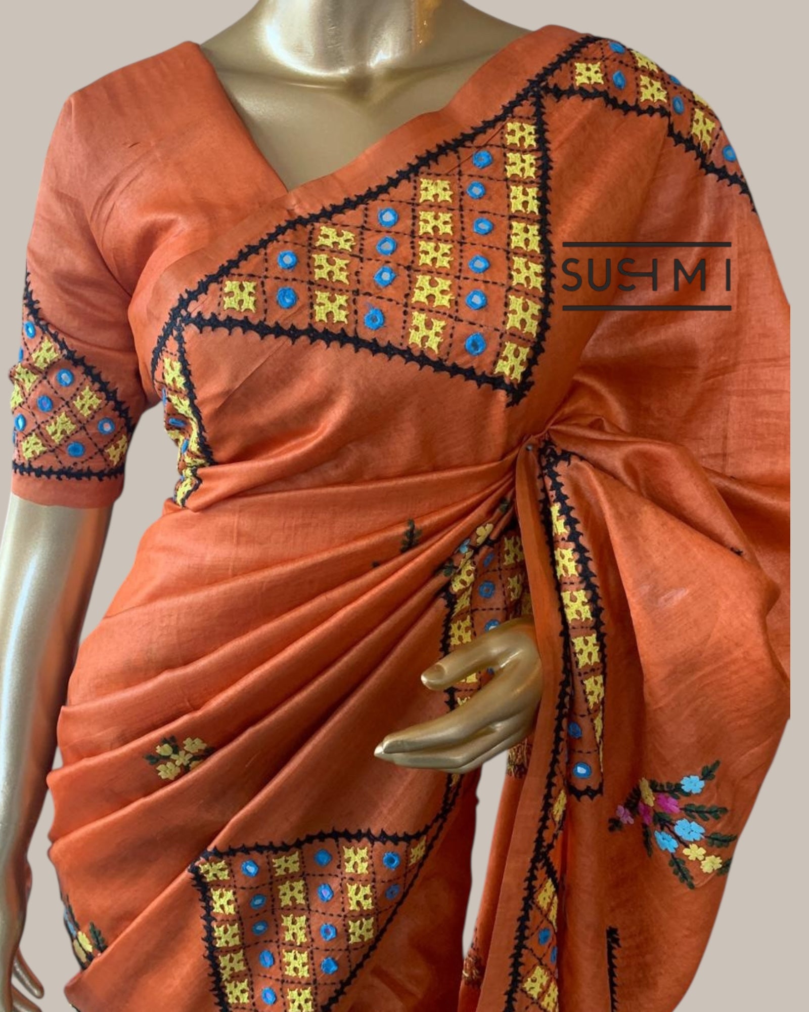 Rust Orange Pure Tussar Saree with handwork Kutch embroidered with mirrors