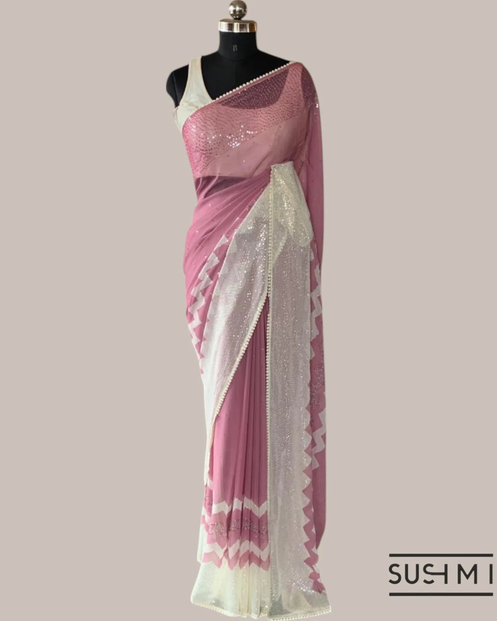 Dusty Pink Pure Gorgette Saree With Zigzag Pattern Sequnce Border