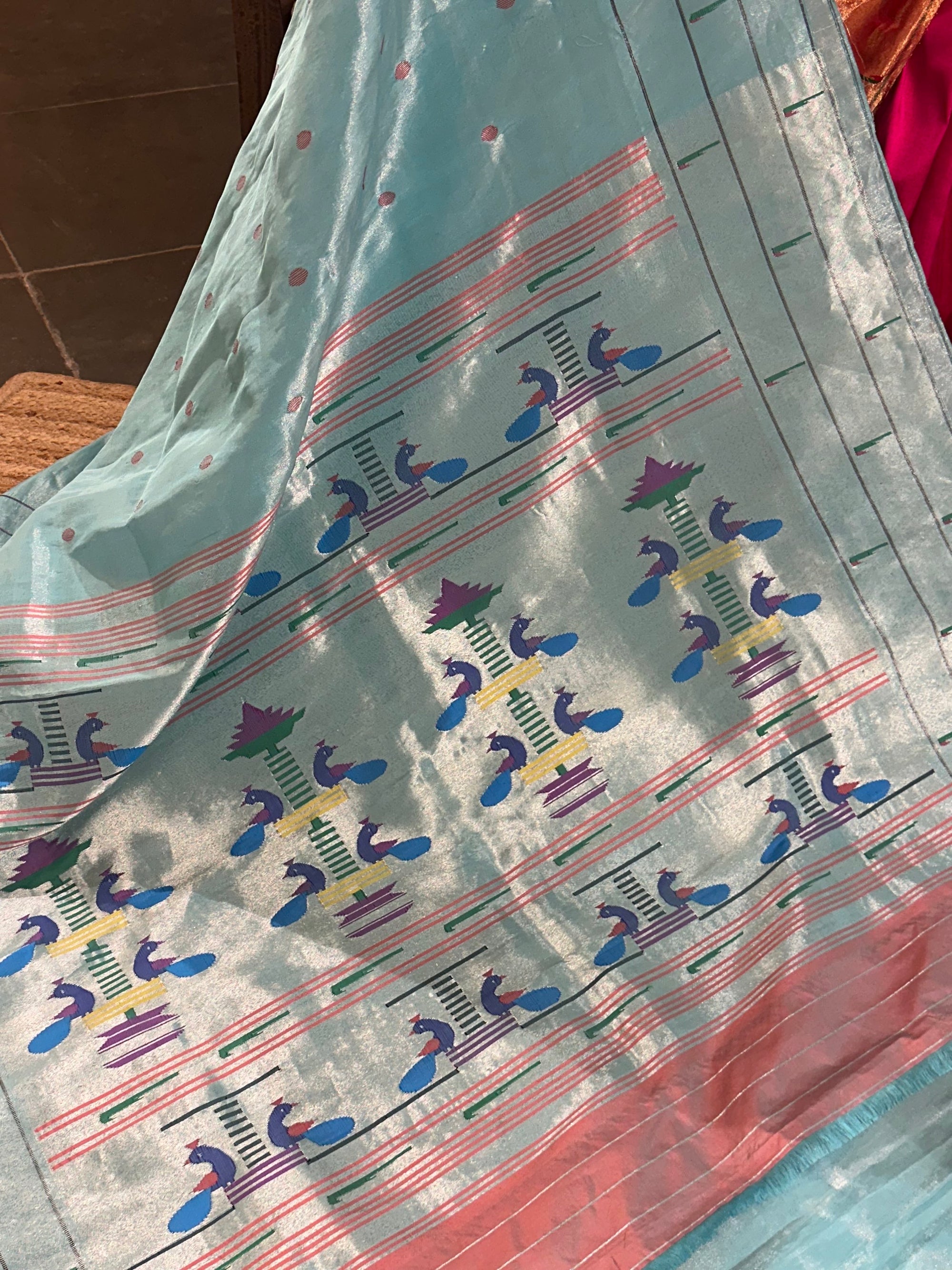 Sea Blue Tissue Paithani Saree with tripple muniya in monotone look