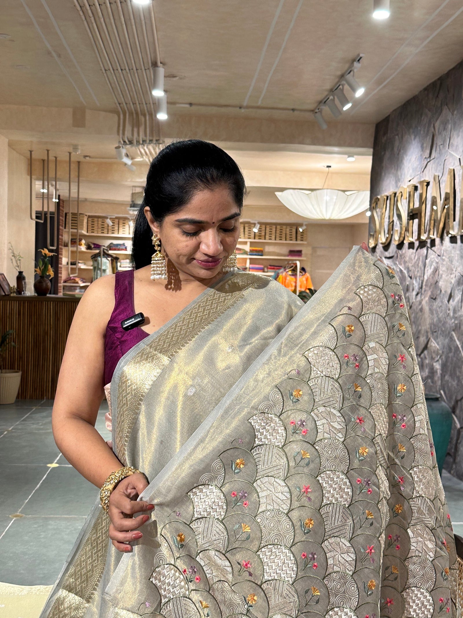 Bluish Grey  Cotton Tissue Saree with allover  Embroidery Blouse