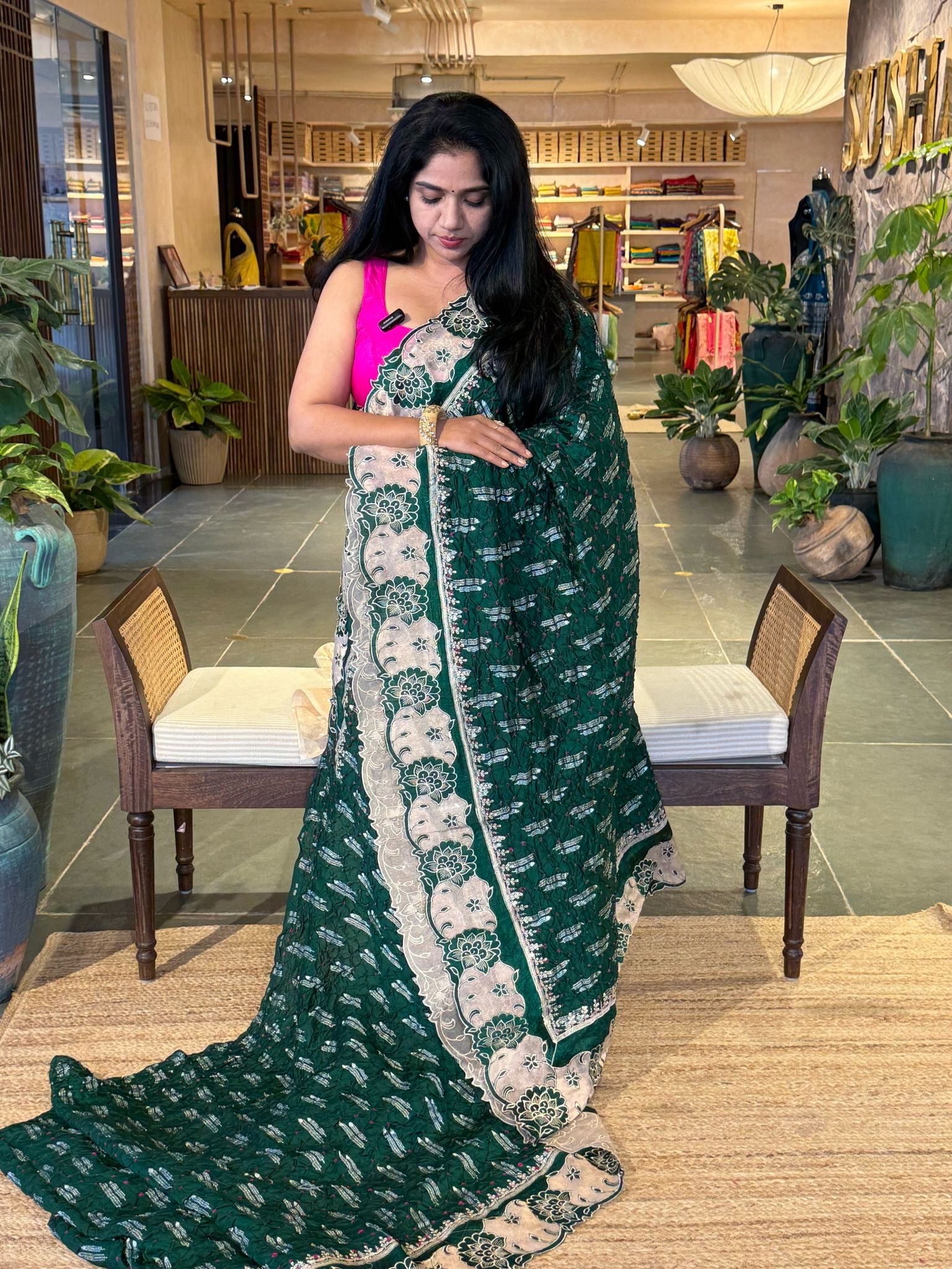 Banarasi Handloom Chiniya Silk Bandhini with Tissue Applique