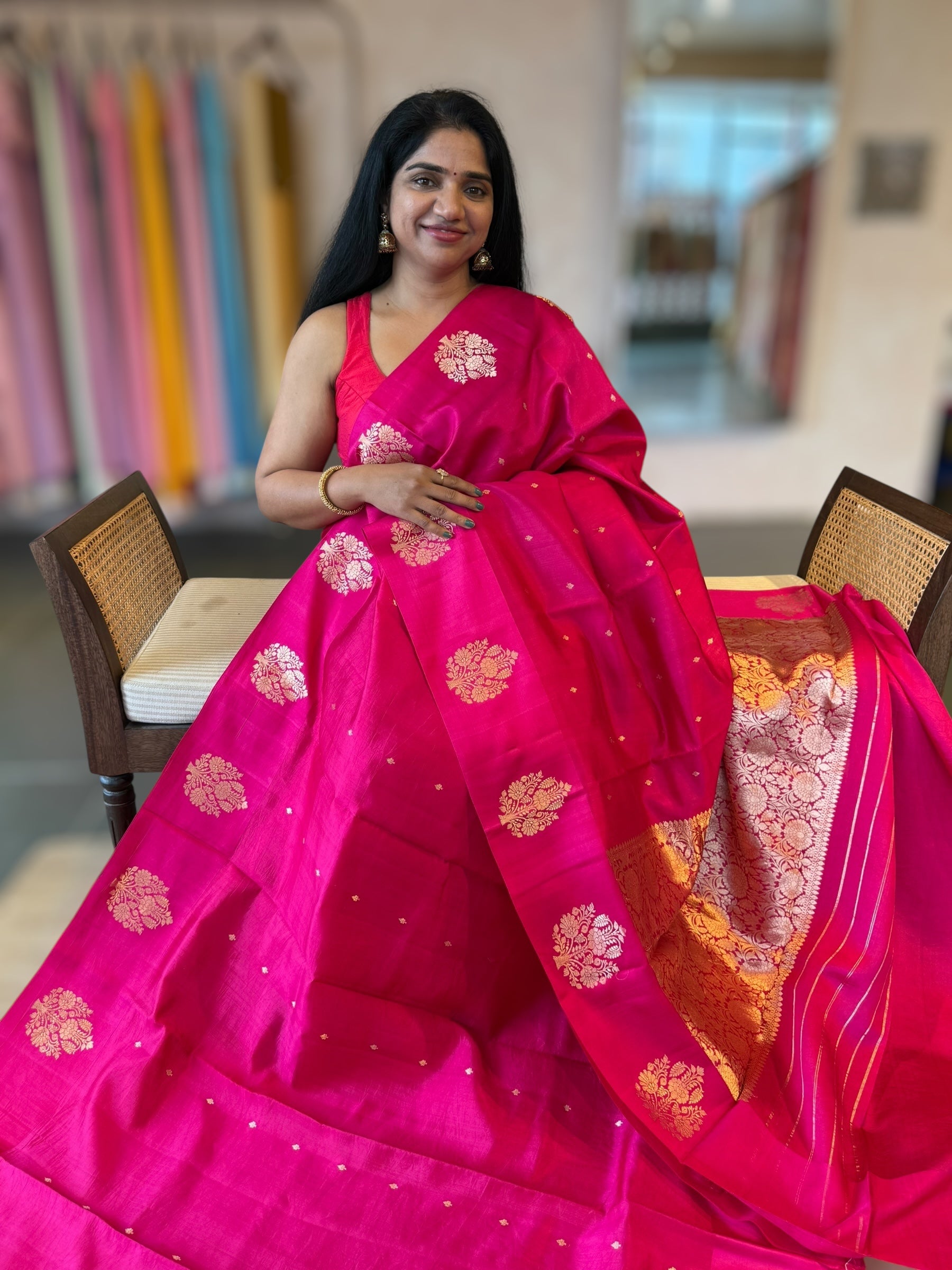 Rani Pink Banarasi Raw Mango Silk Saree with Open Borders & Kaduwa Woven Motifs