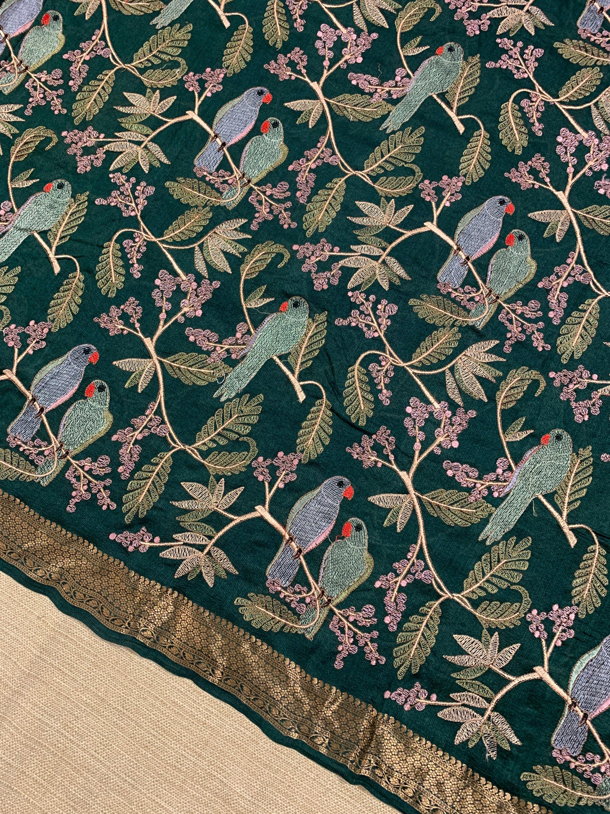 SMSEA113 Forest Green Pure Handloom Munga Silk Saree with allover  Embroidery