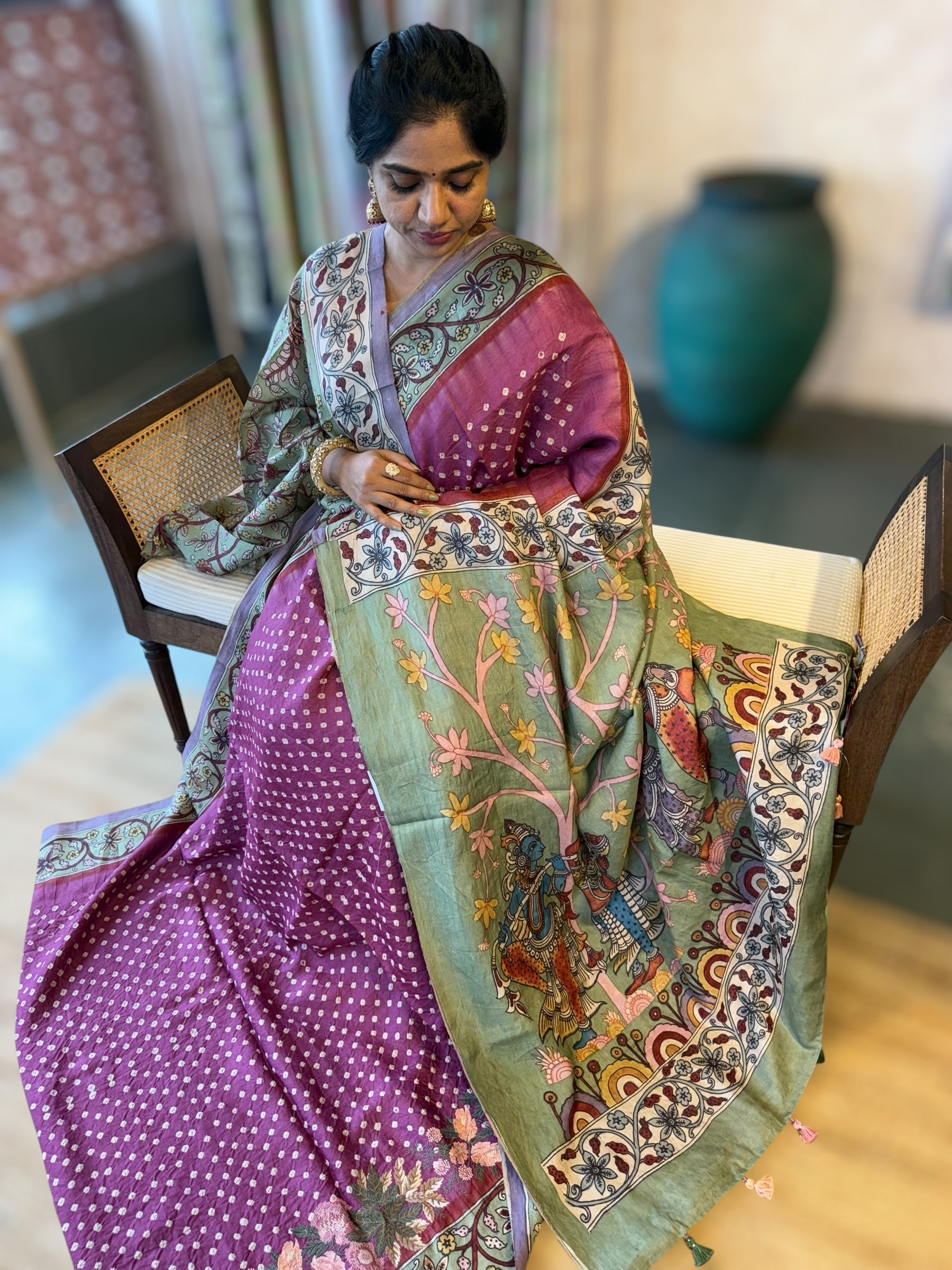 Tussar Bandhini Saree With Pen kalamkari Border & Petite Point Emb Blouse