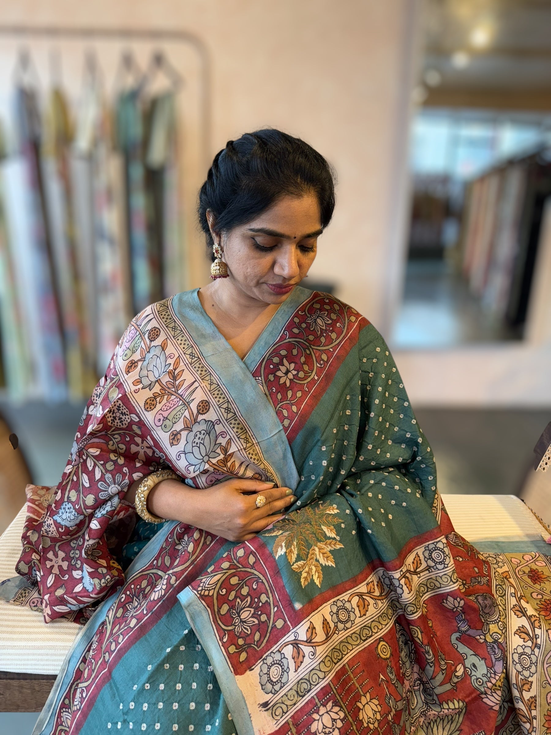 Bandhini Saree With Pen kalamkari Border & Petite Point Emb Blouse