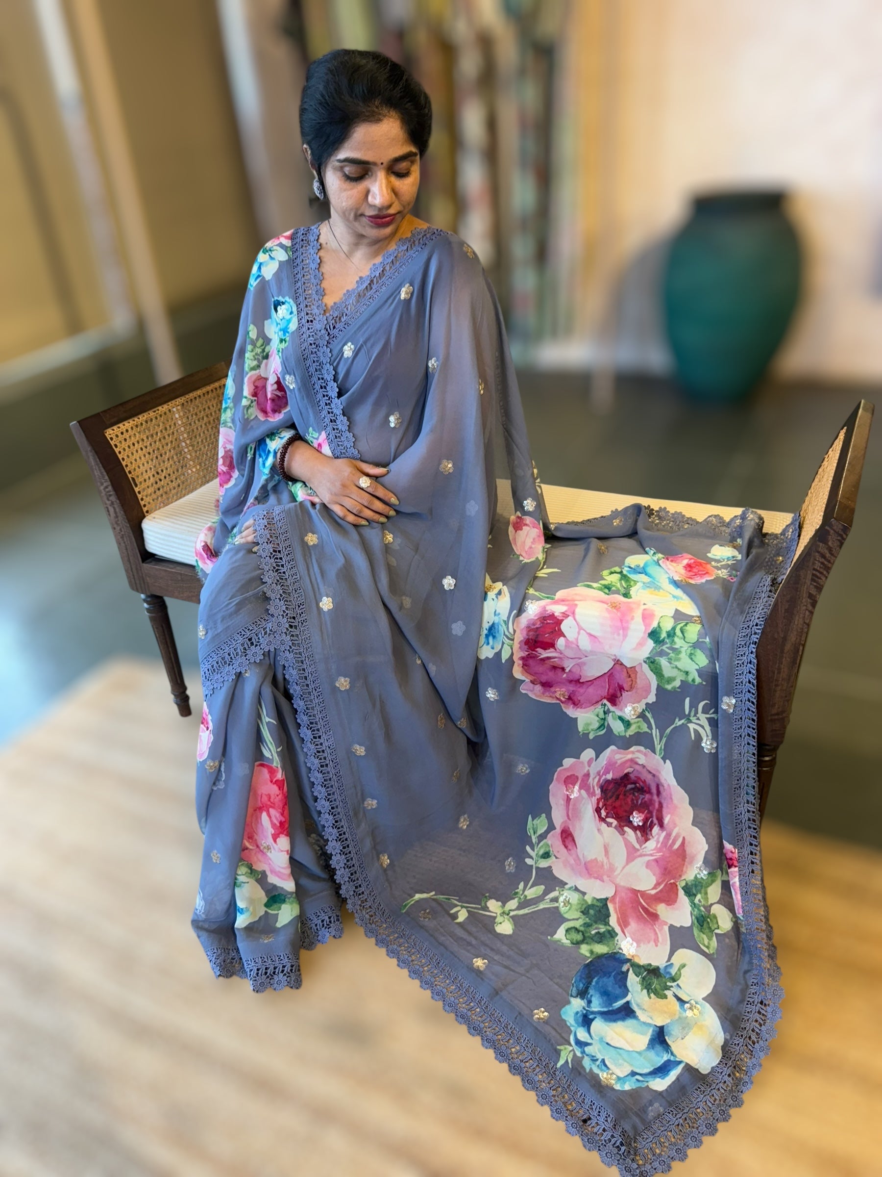 Greyish Blue Floral Gorgette Saree with Allover Sequence Floral