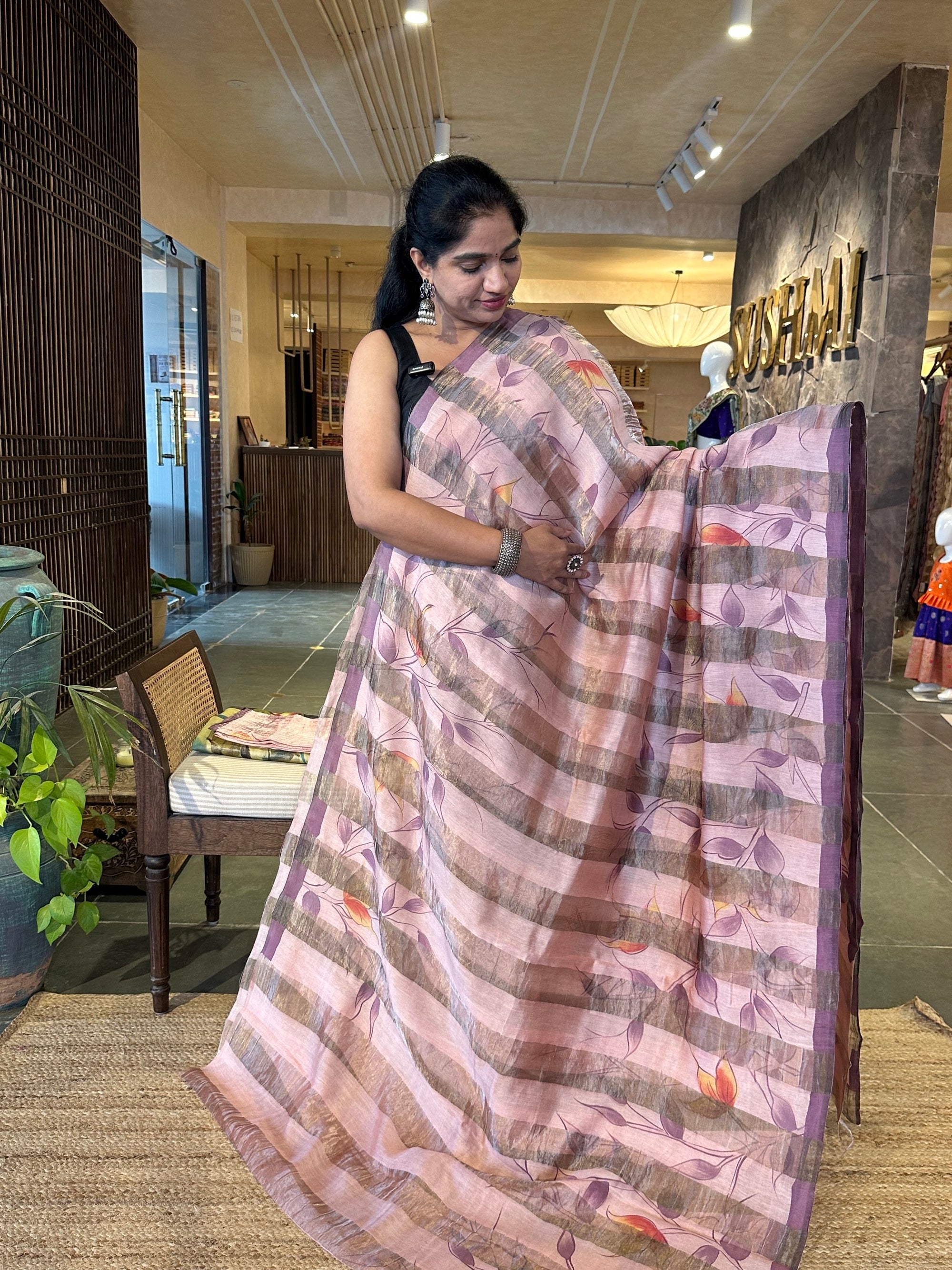 Pure Handloom Banarasi Munga Tissue  Saree with handpainting