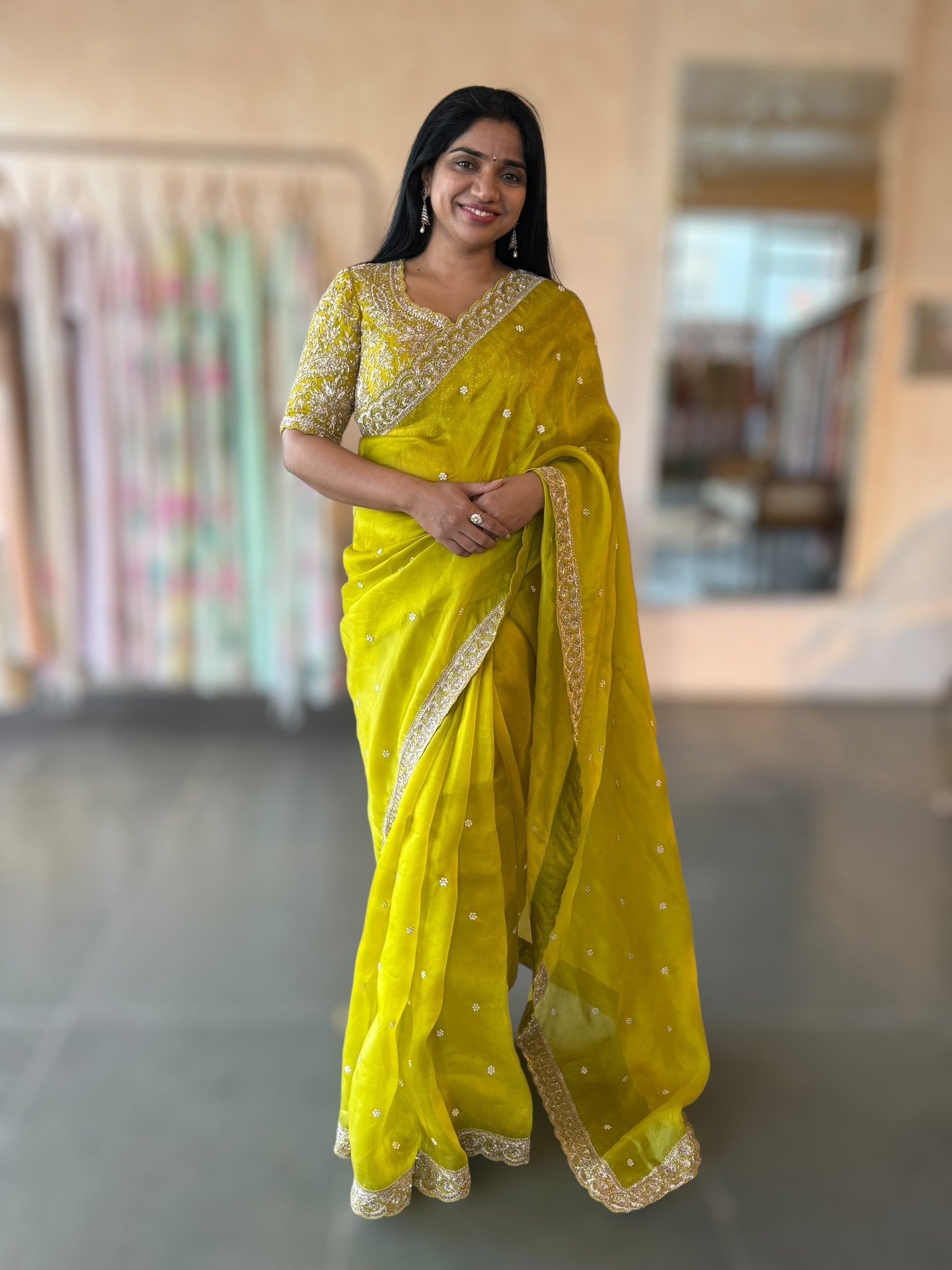 Neon Green Organza Handwork Saree