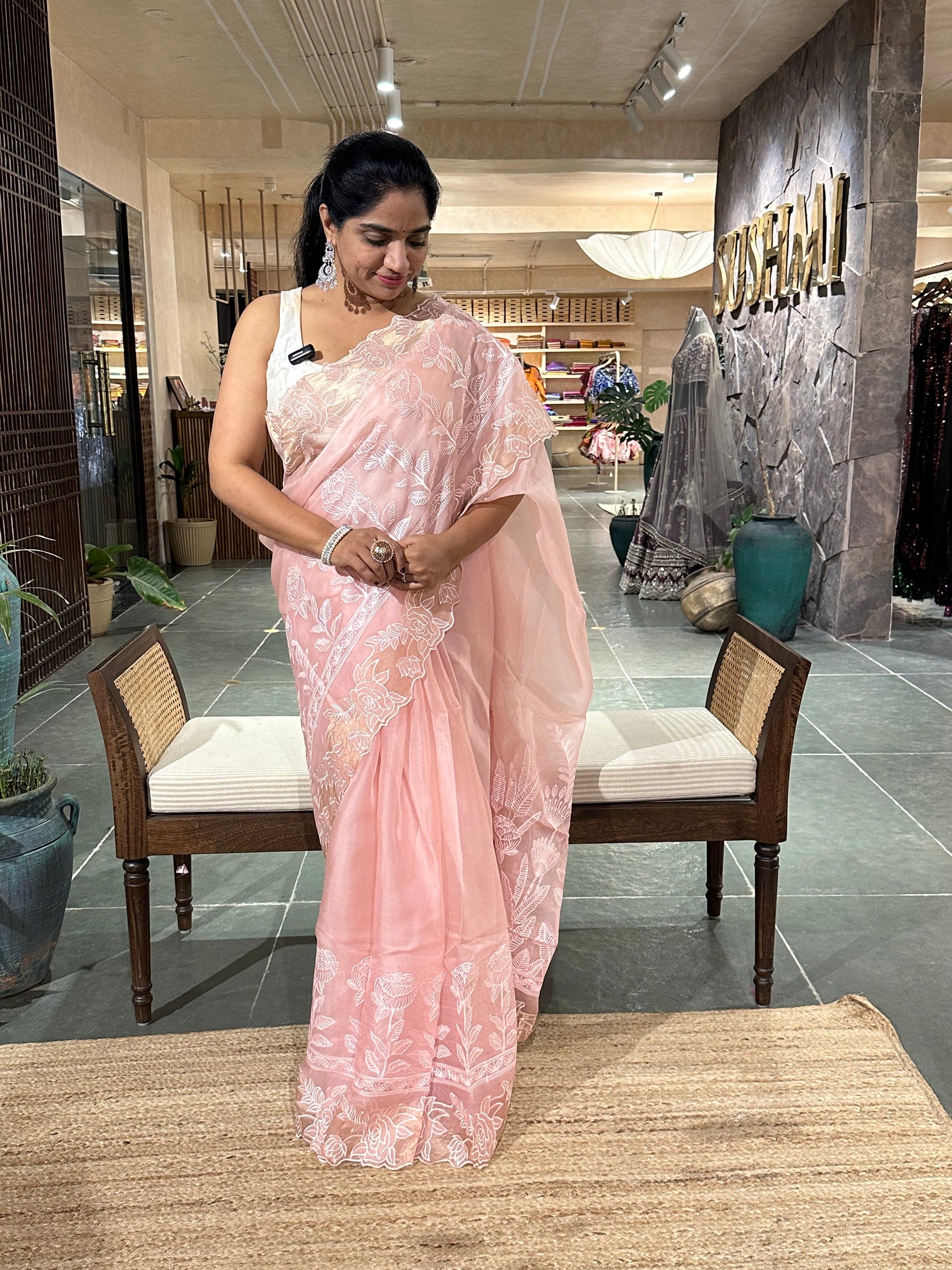Blush Pink Pure Organza heavy  cutwork embroidered border saree