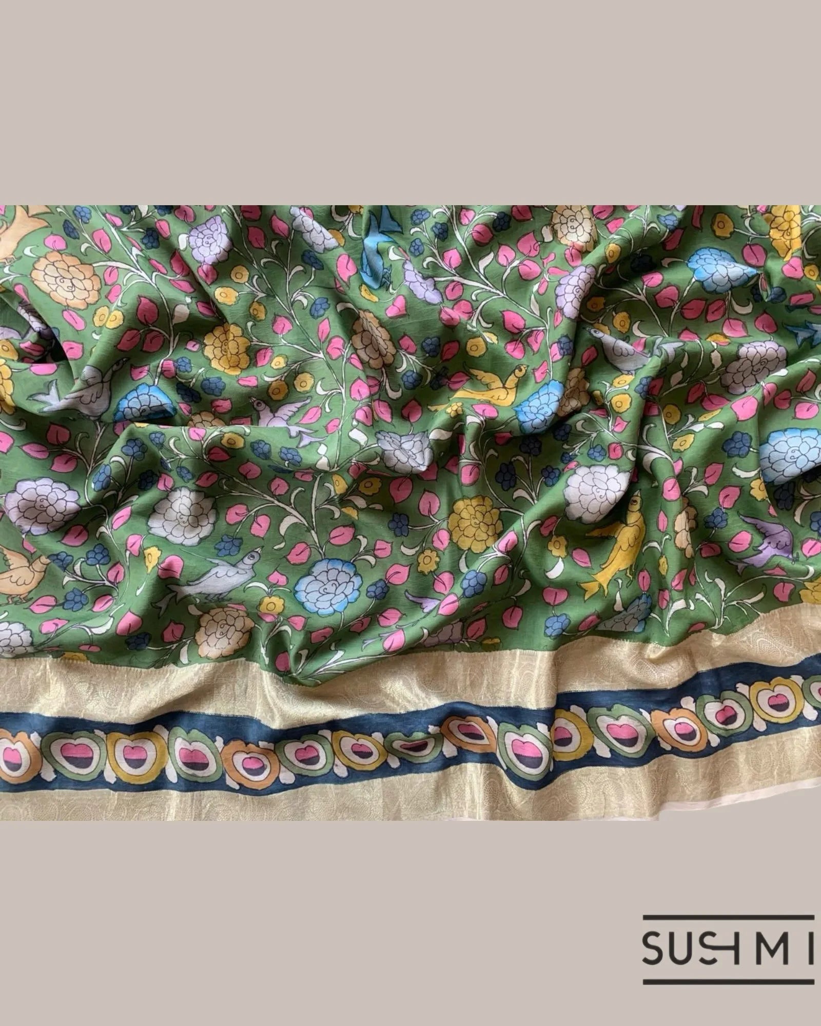 Green Kanchi Pen kalamkari handpainted saree with heavy borders