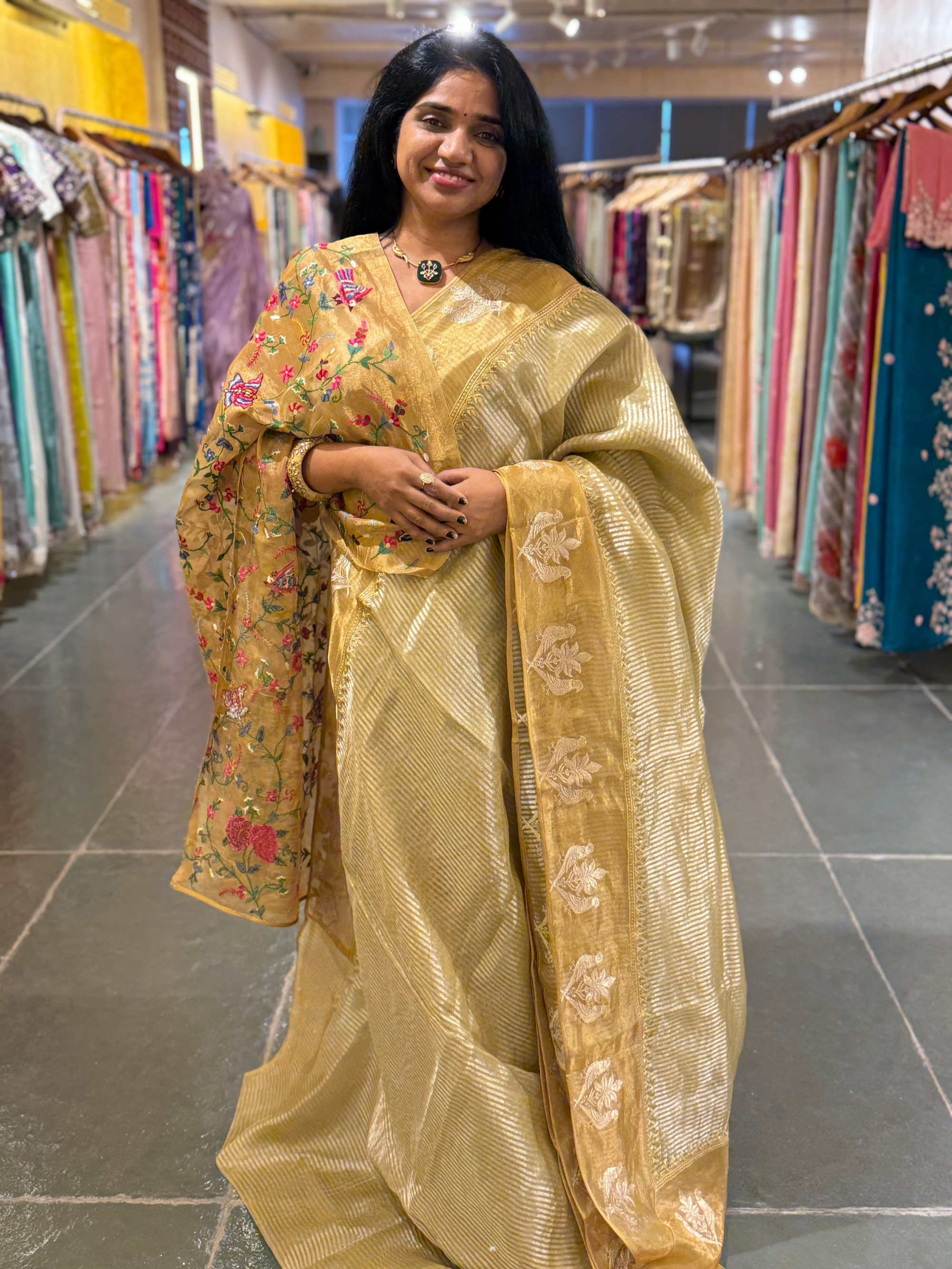 Lime Yellow Kora Tissue stripes saree wth tissue Embroidered Border