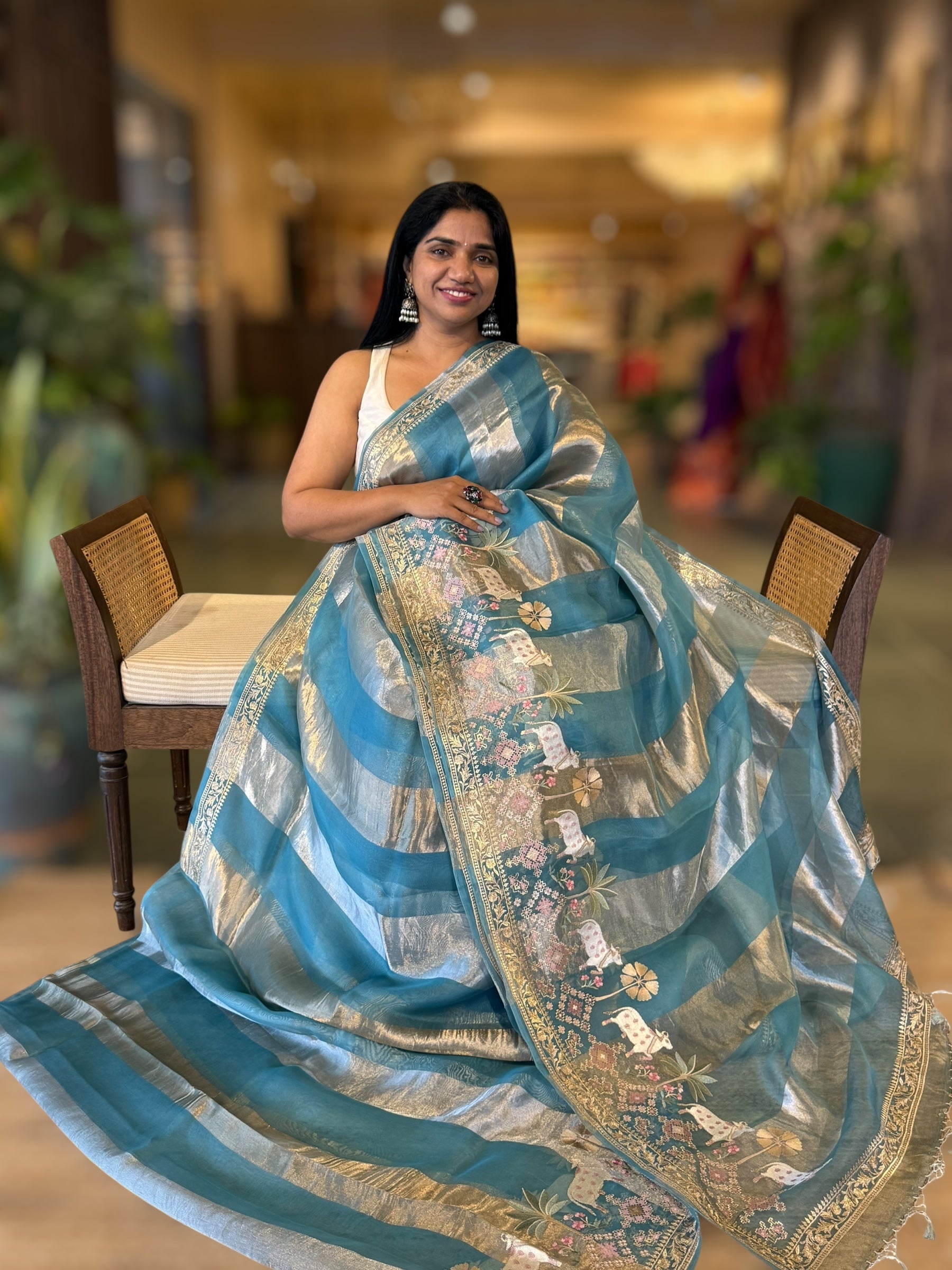Blue Stripes Saree With Jamdani  & Pichwai embroidered Border