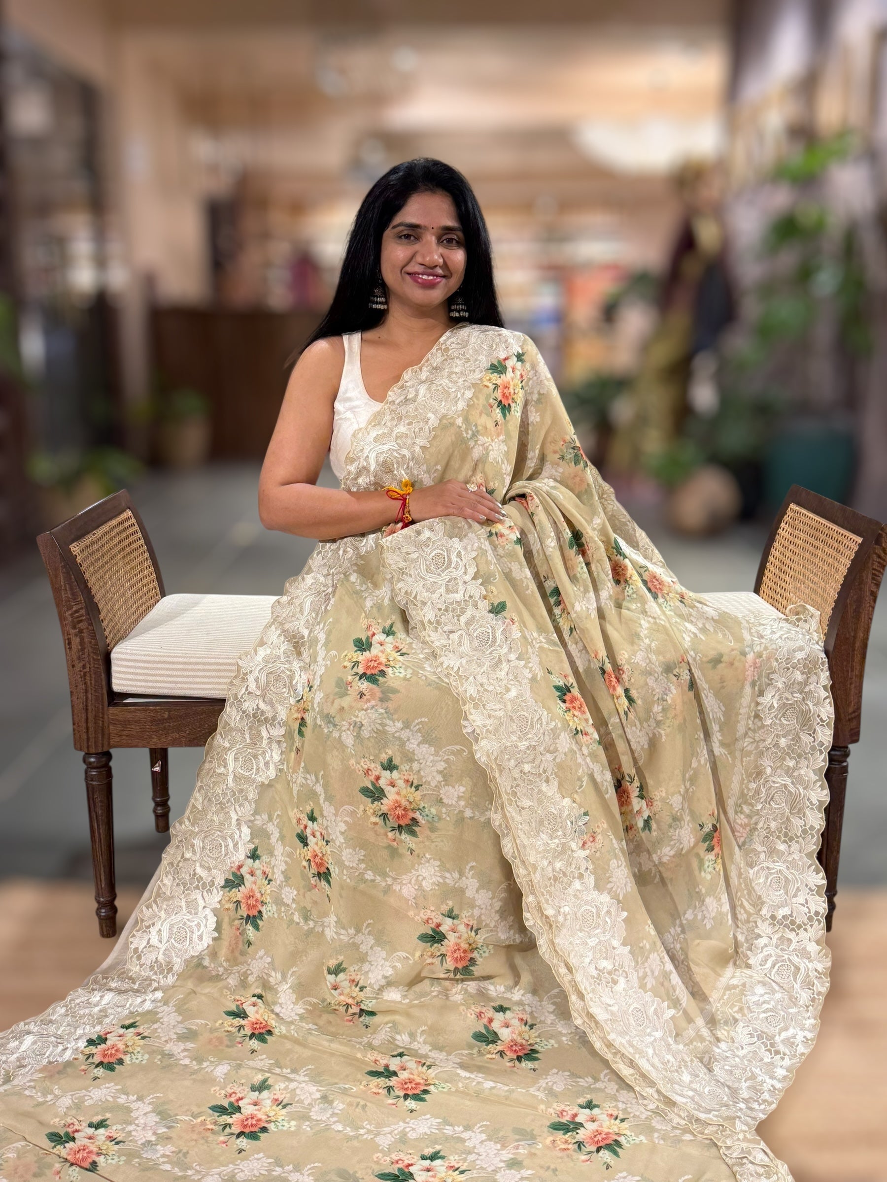 Wheat Gorgette Printed Saree With Chatilly Lace Style Cutwork embroidered Border