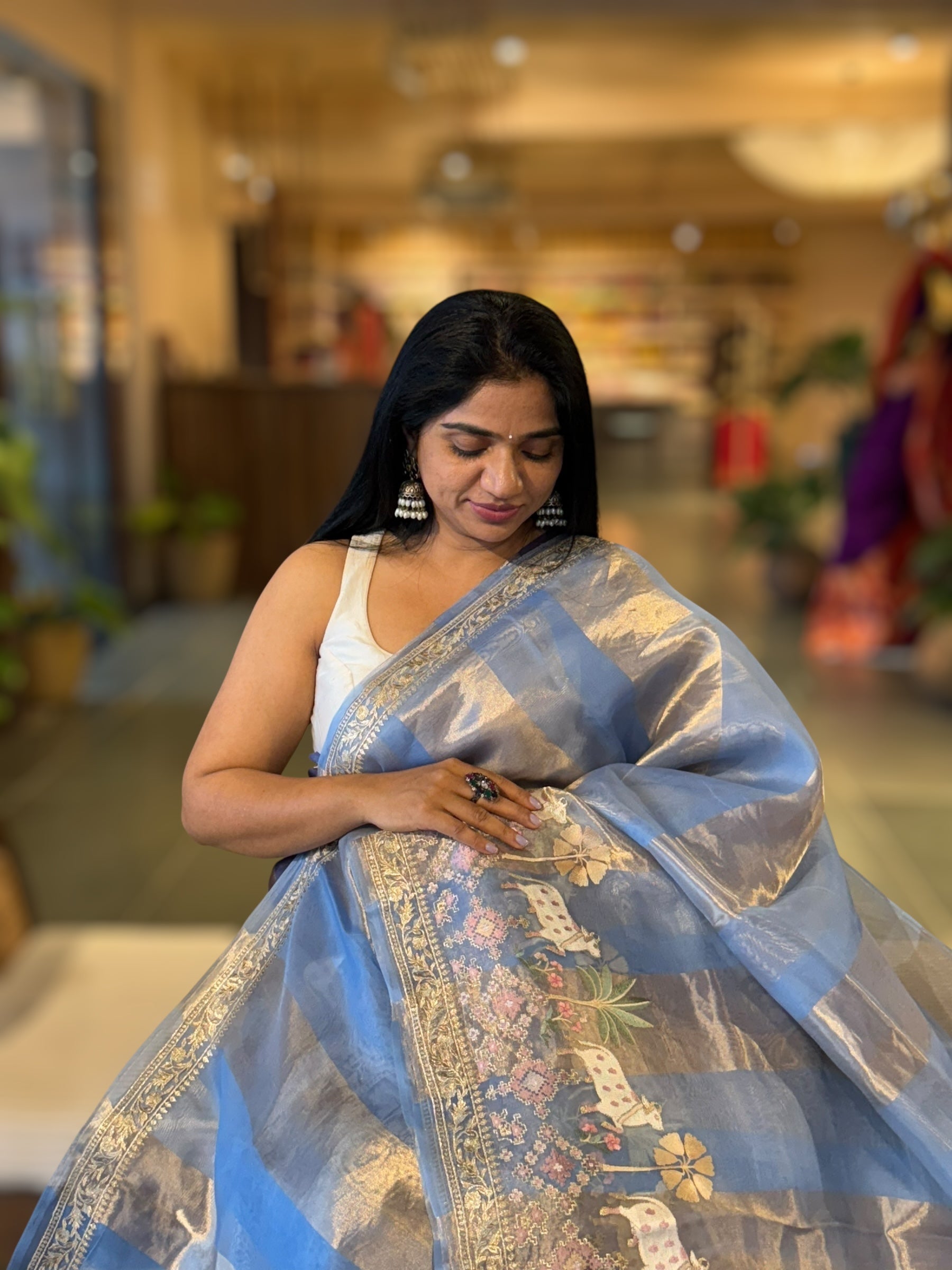 Dark SkyBlue Kora Tissue Stripes Saree Wth Jamdani  & Pichwai embroidered Border