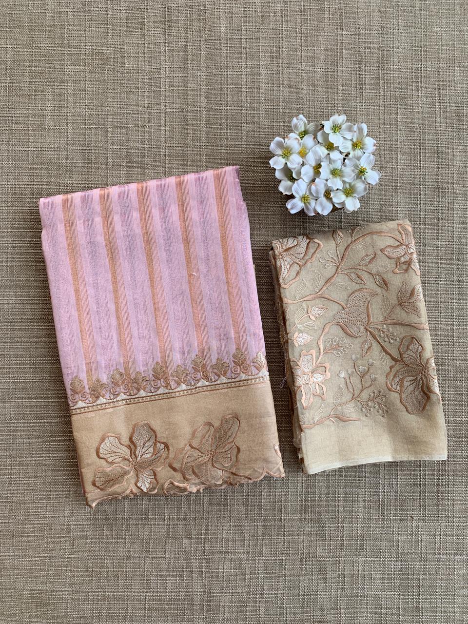 Lilac Pink Mul Tissue Stripes Saree With Tissue Cutwork  Border & Blouse