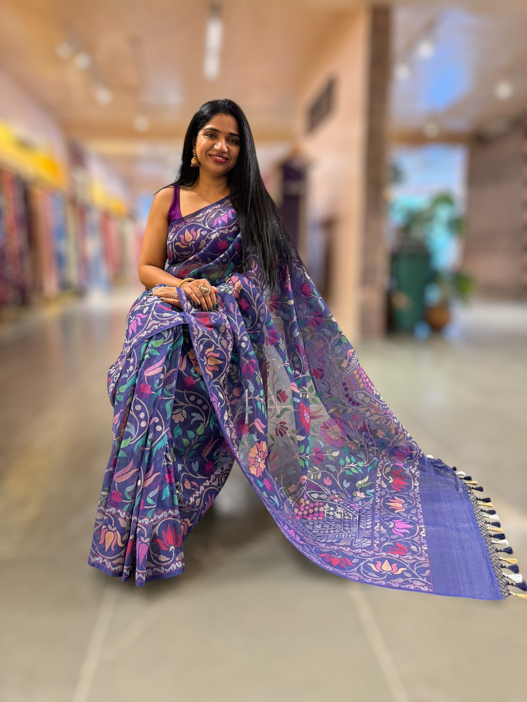 Neelambari - Real Zari Banarasi Cotton Jamdani Saree
