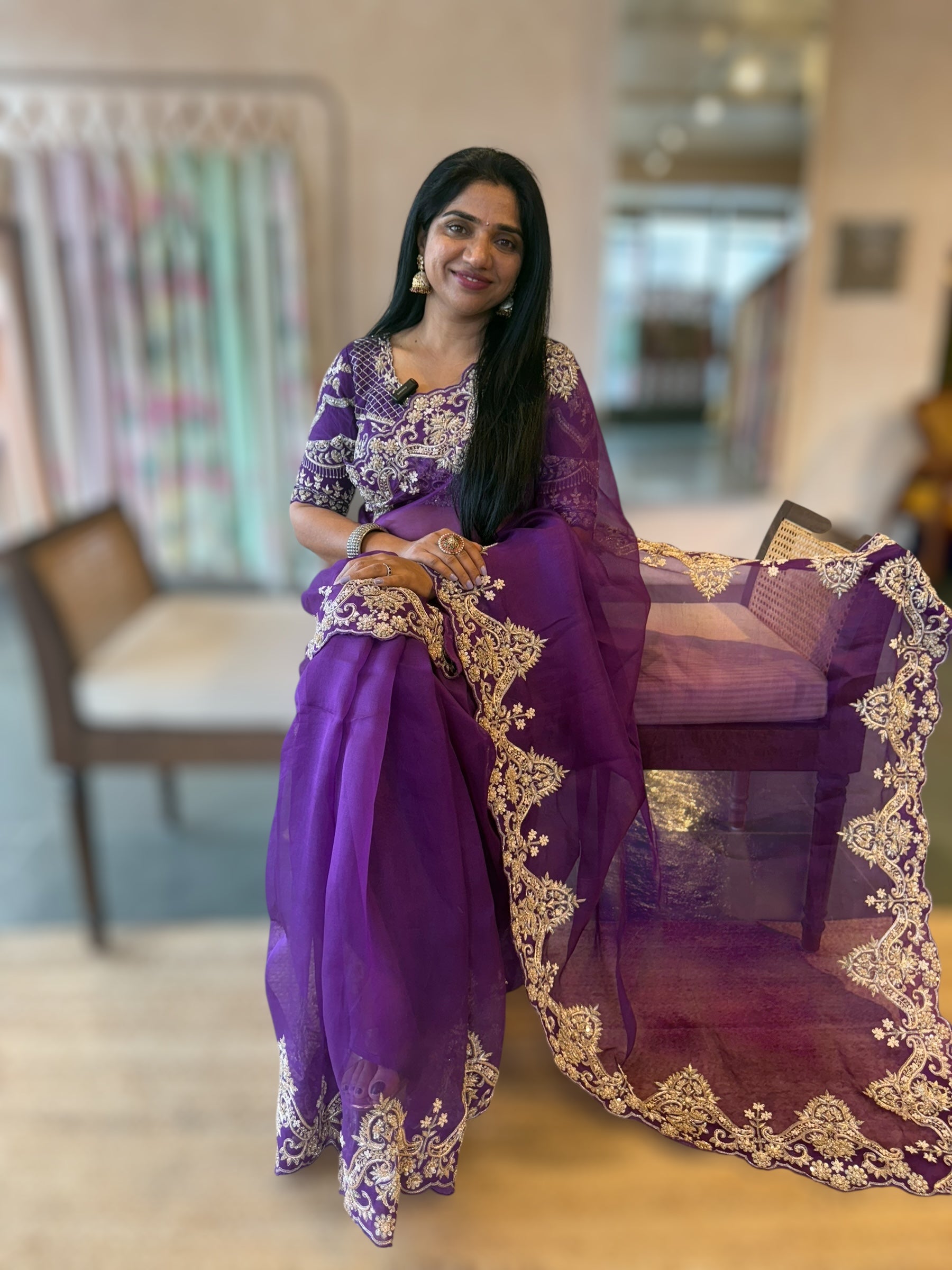 Purple Organza Heavy Handwork Saree