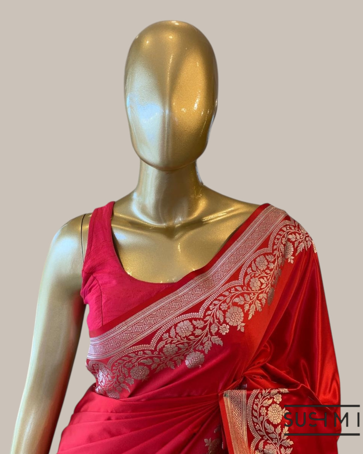 Chilli Red Mashru Silk Saree With Straight and Scalloped Border