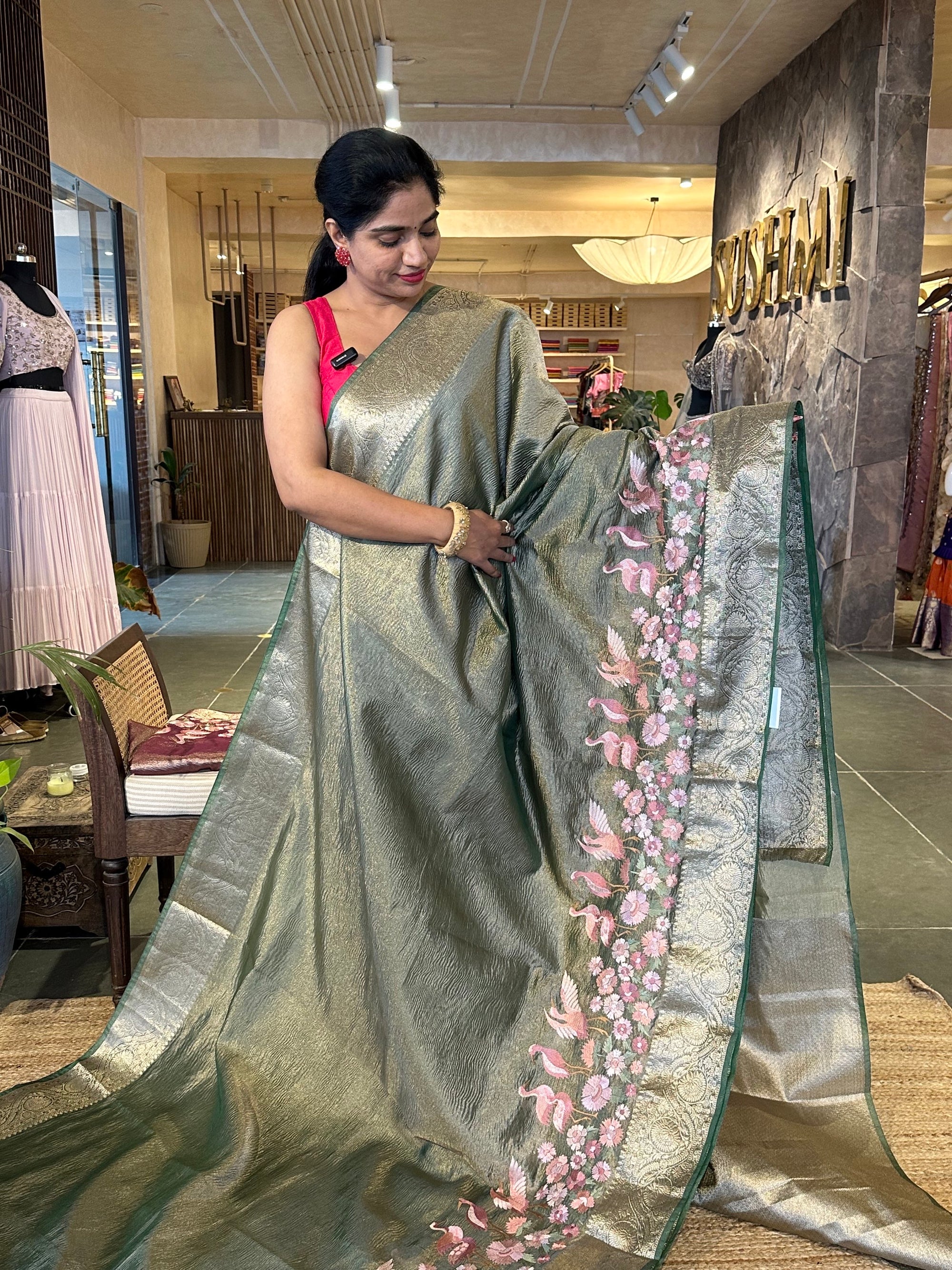 Green Crush Tissue Saree with traditional and embroidered borders
