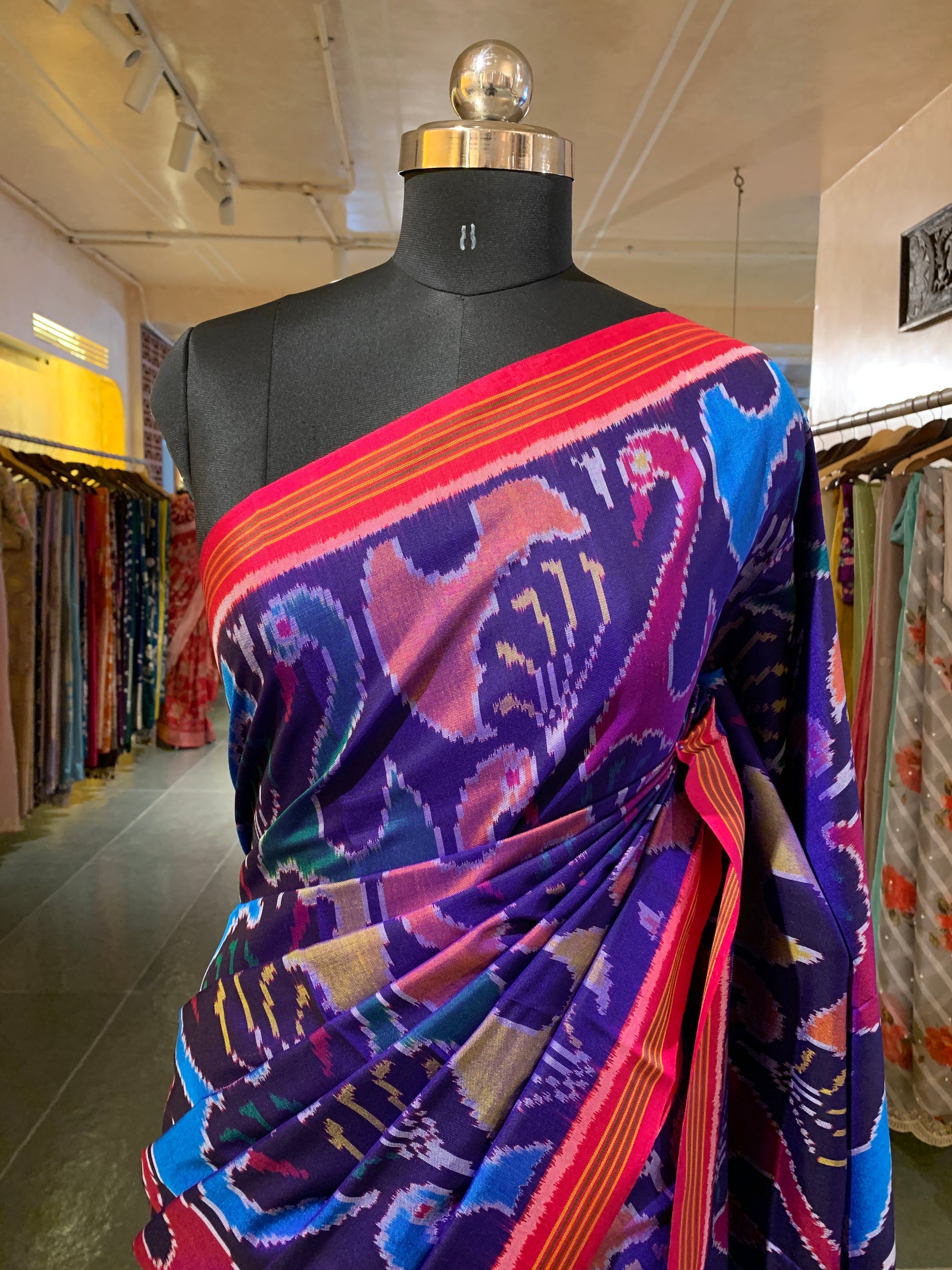 Purplish Blue and Reddish Pink Patan Patola Saree with Statement Swan Pattern