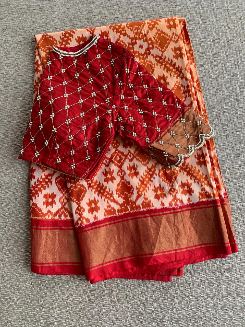 Pure Handloom Twill Ikkath Patola Saree With Khaddi Border & Handwork Blouse
