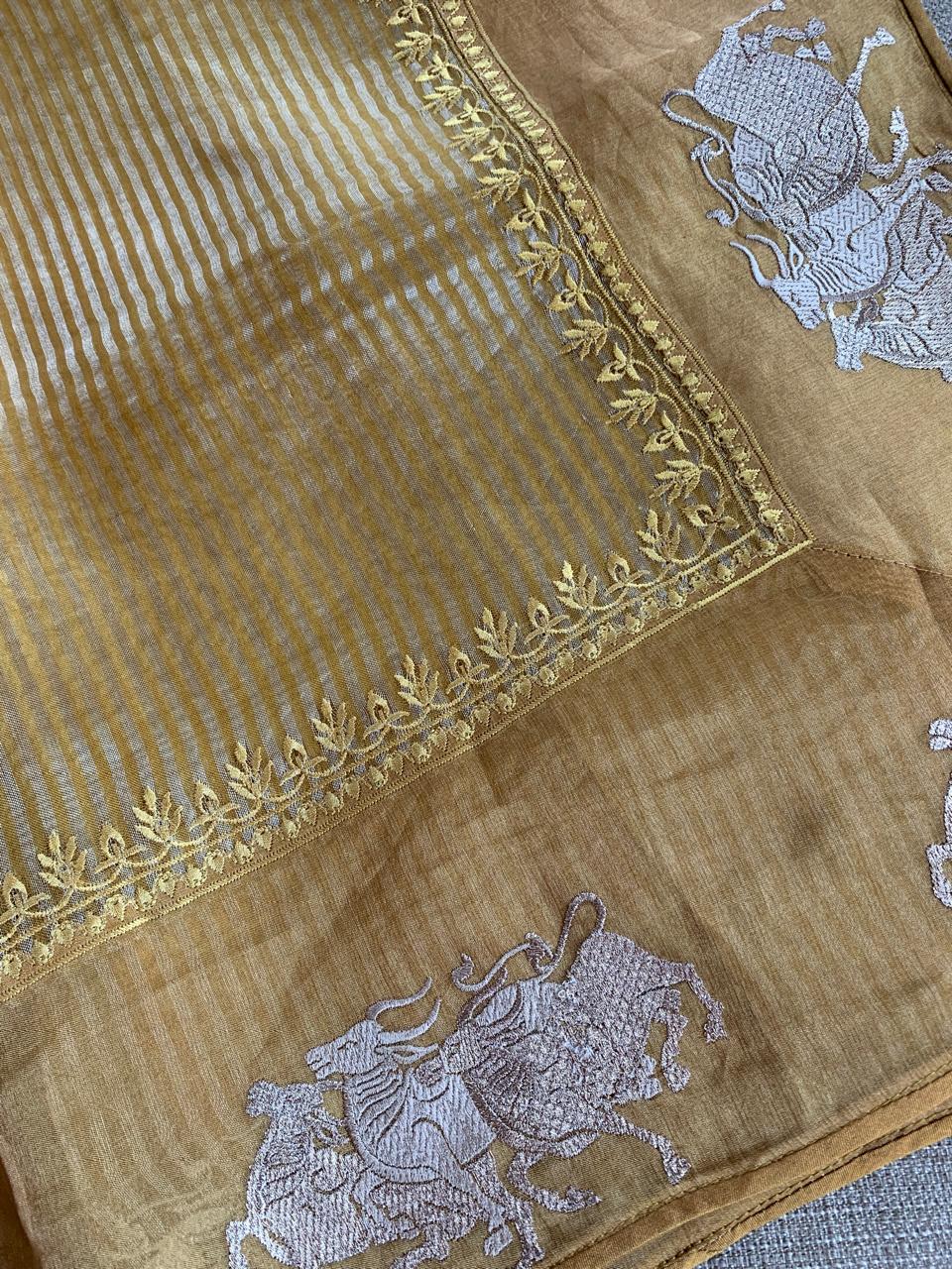 Mustard Tissue Stripes Saree with Nandi Border & Tissue Petite Point Blouse
