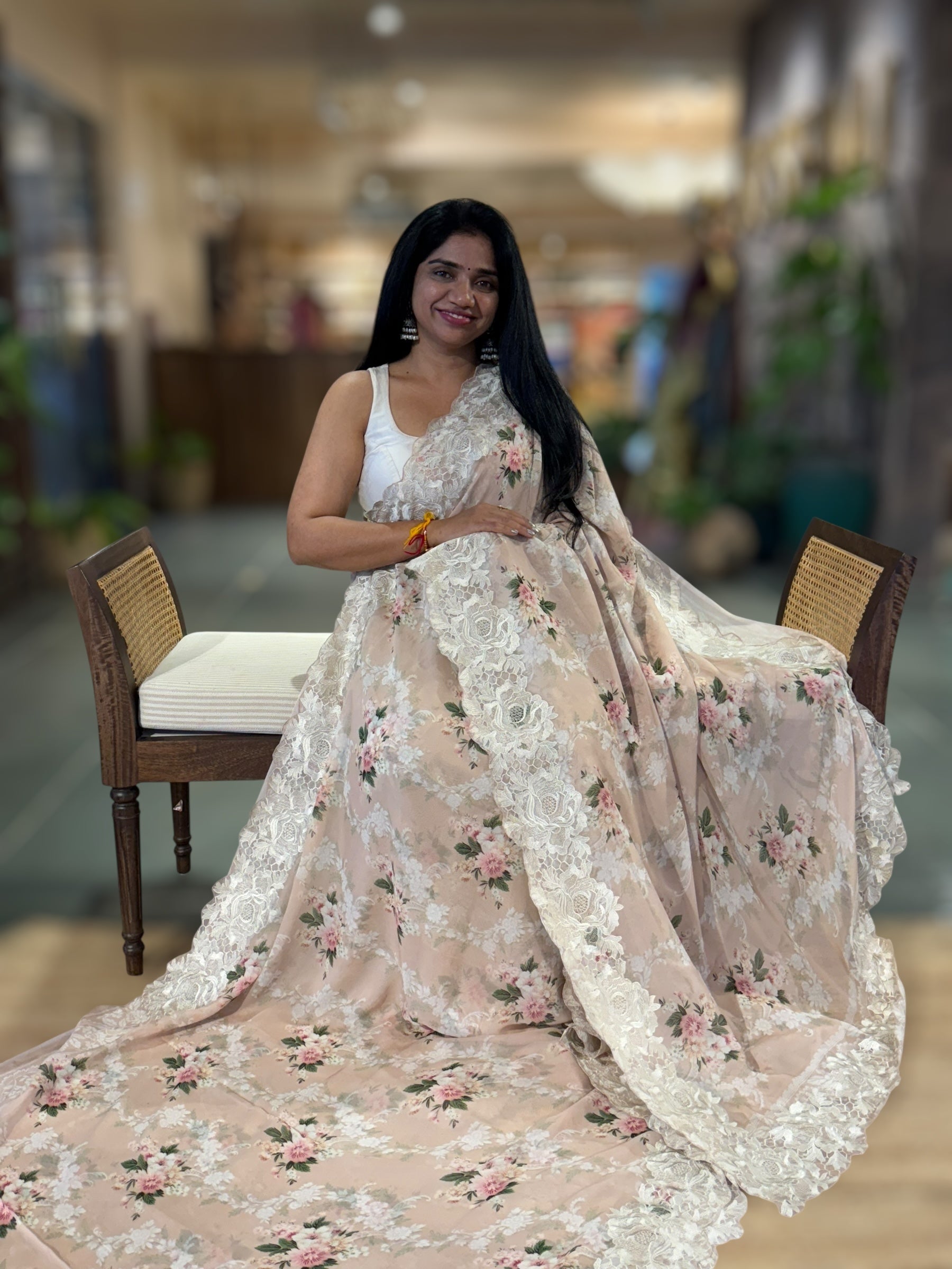 Nude Gorgette Printed Saree With Chatilly Lace Style Cutwork embroidered Border