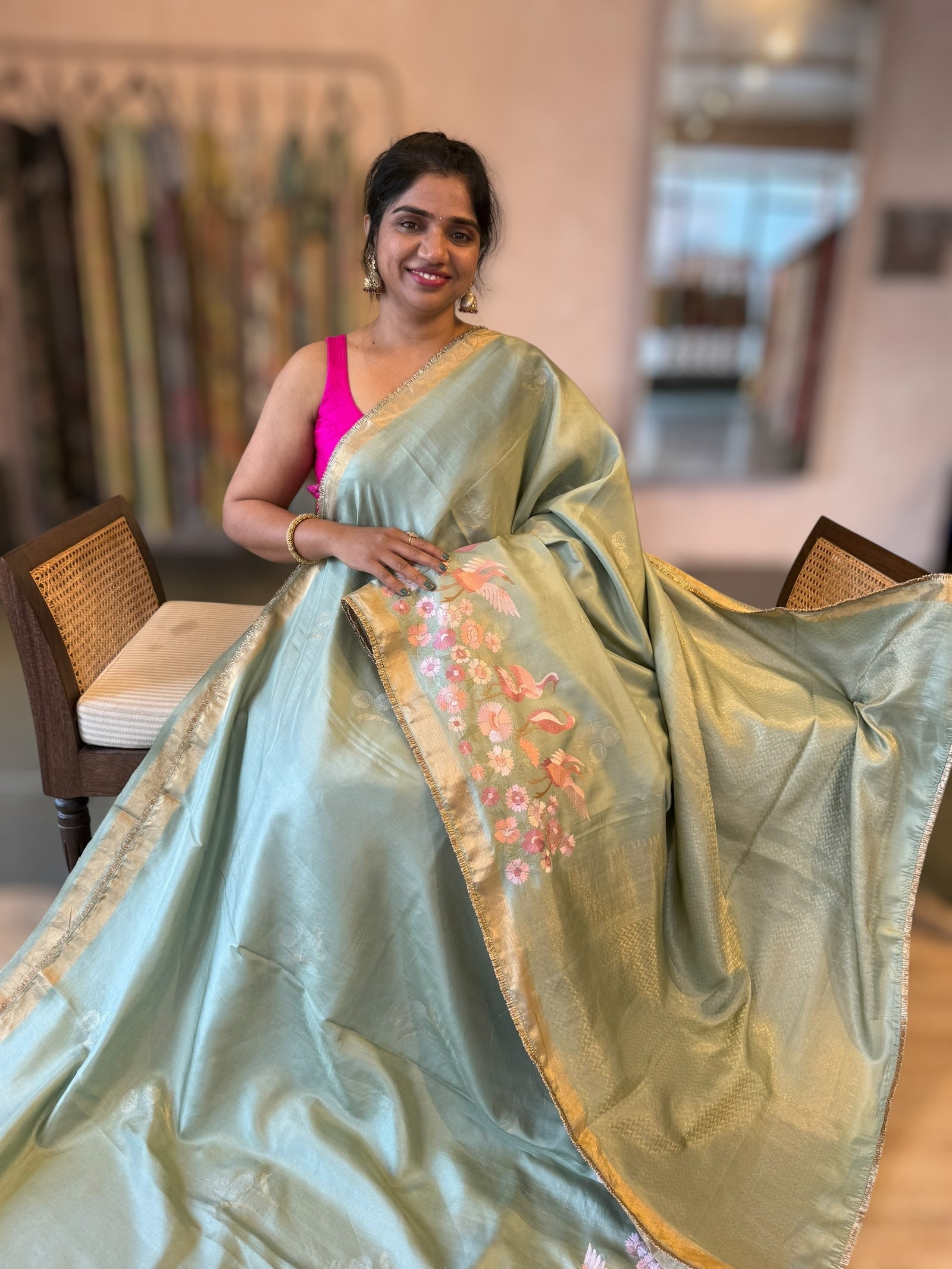 Mint Green Kanchi Silk Saree in  With Beautiful Parsi Gara  Embroidered Border