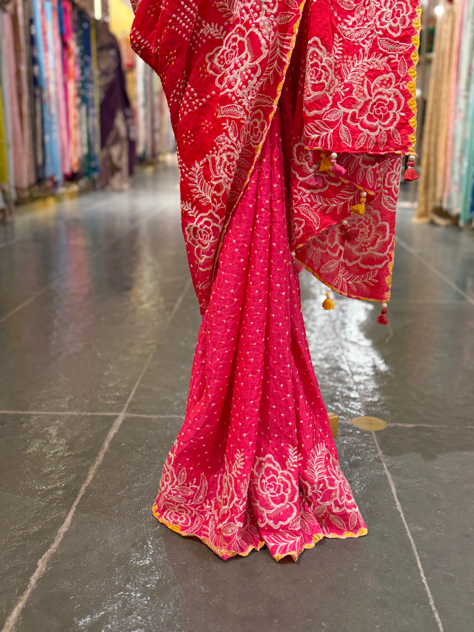 Orange and pink combo half and half style Gajji Silk  Rai Bandhej Saree