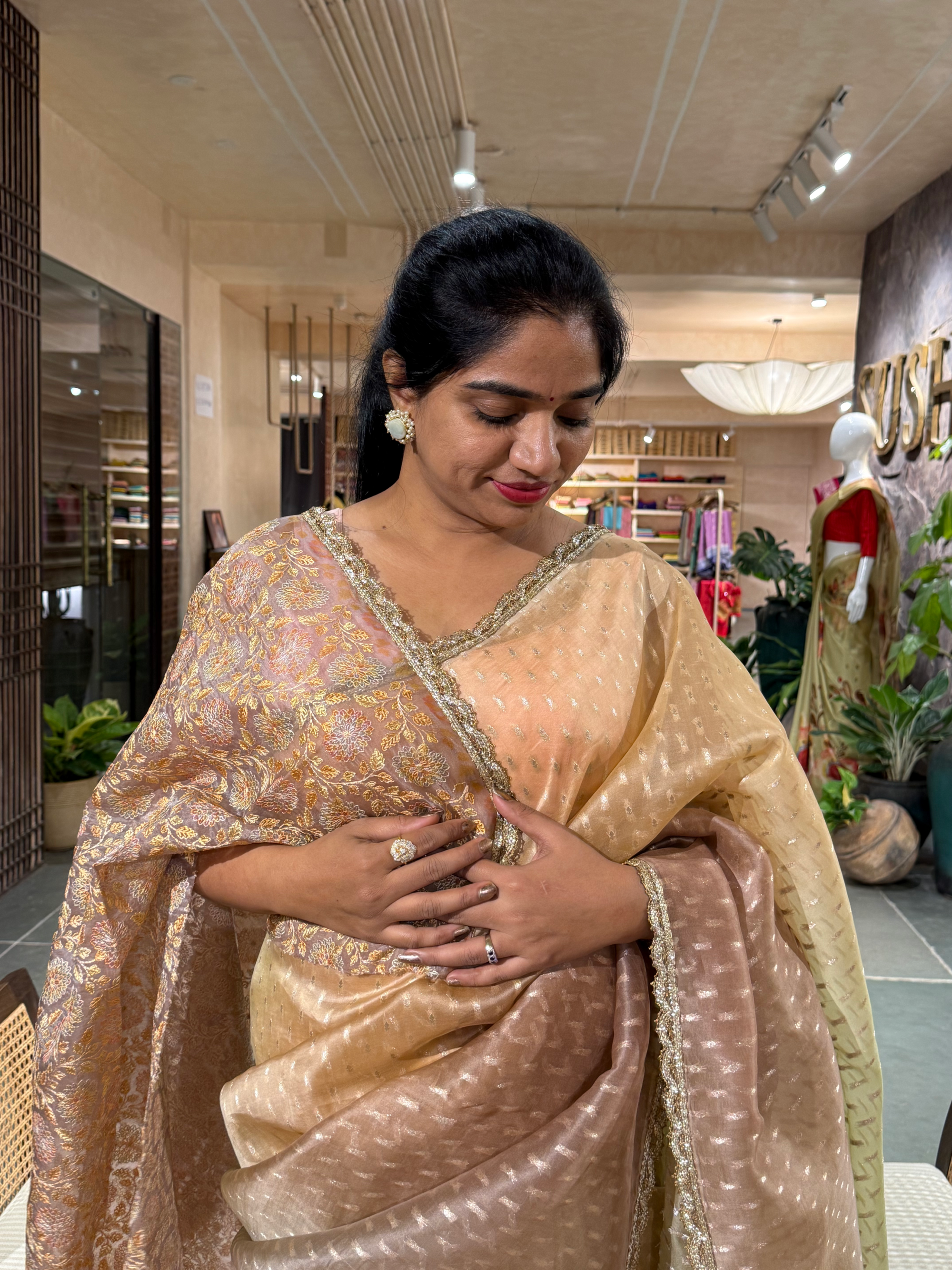 Ombre Dyed Pure Organza Saree with allover zari butis and  Embroidered Blouse