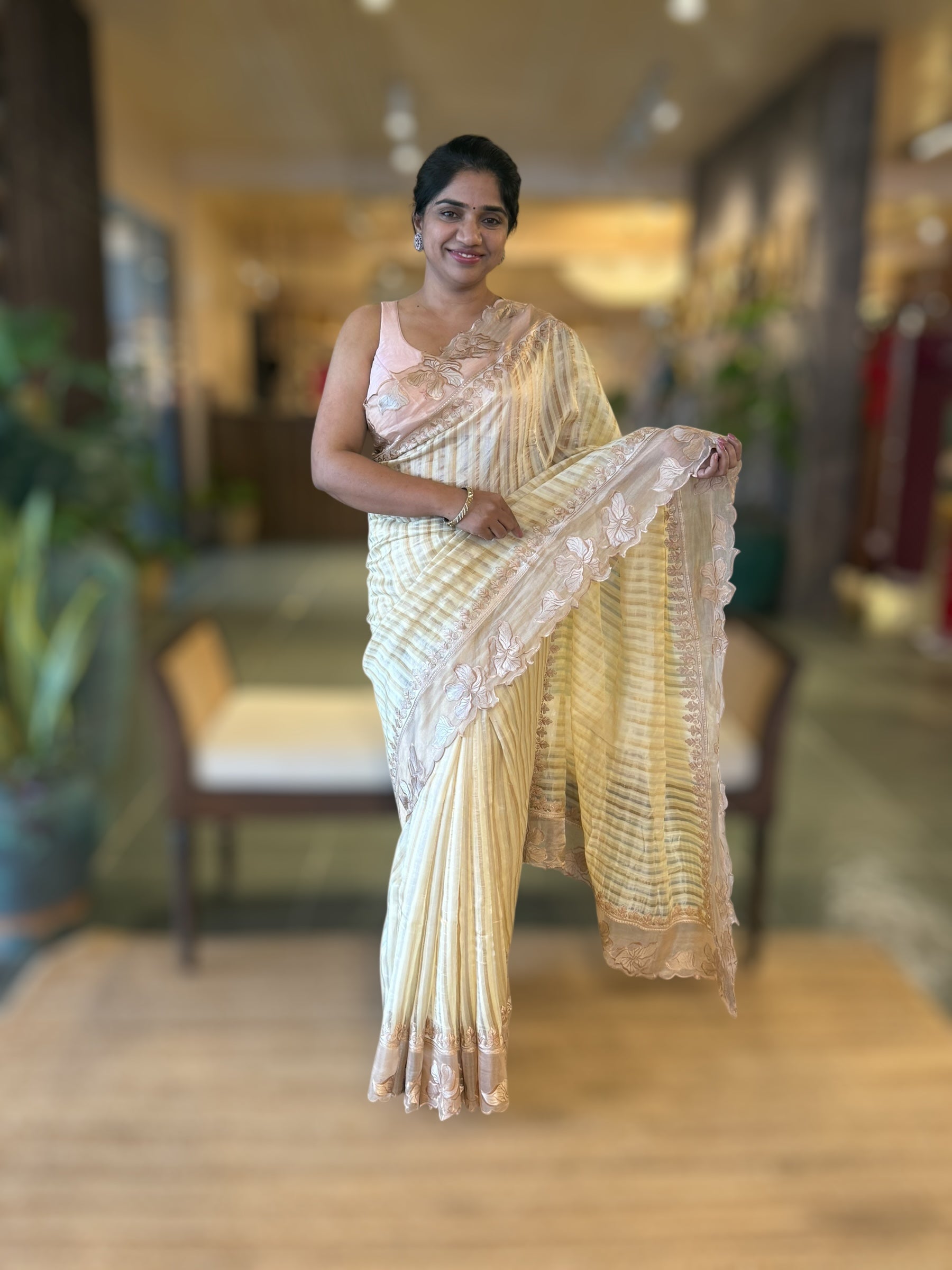 Pastel Yellow Mul Tissue Stripes Saree With Tissue Cutwork  Border & Blouse