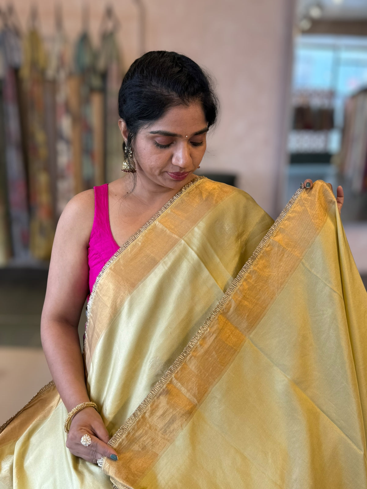 Pale Gold Green Kanchi Silk Saree in With  Parsi Gara  Embroidered Border