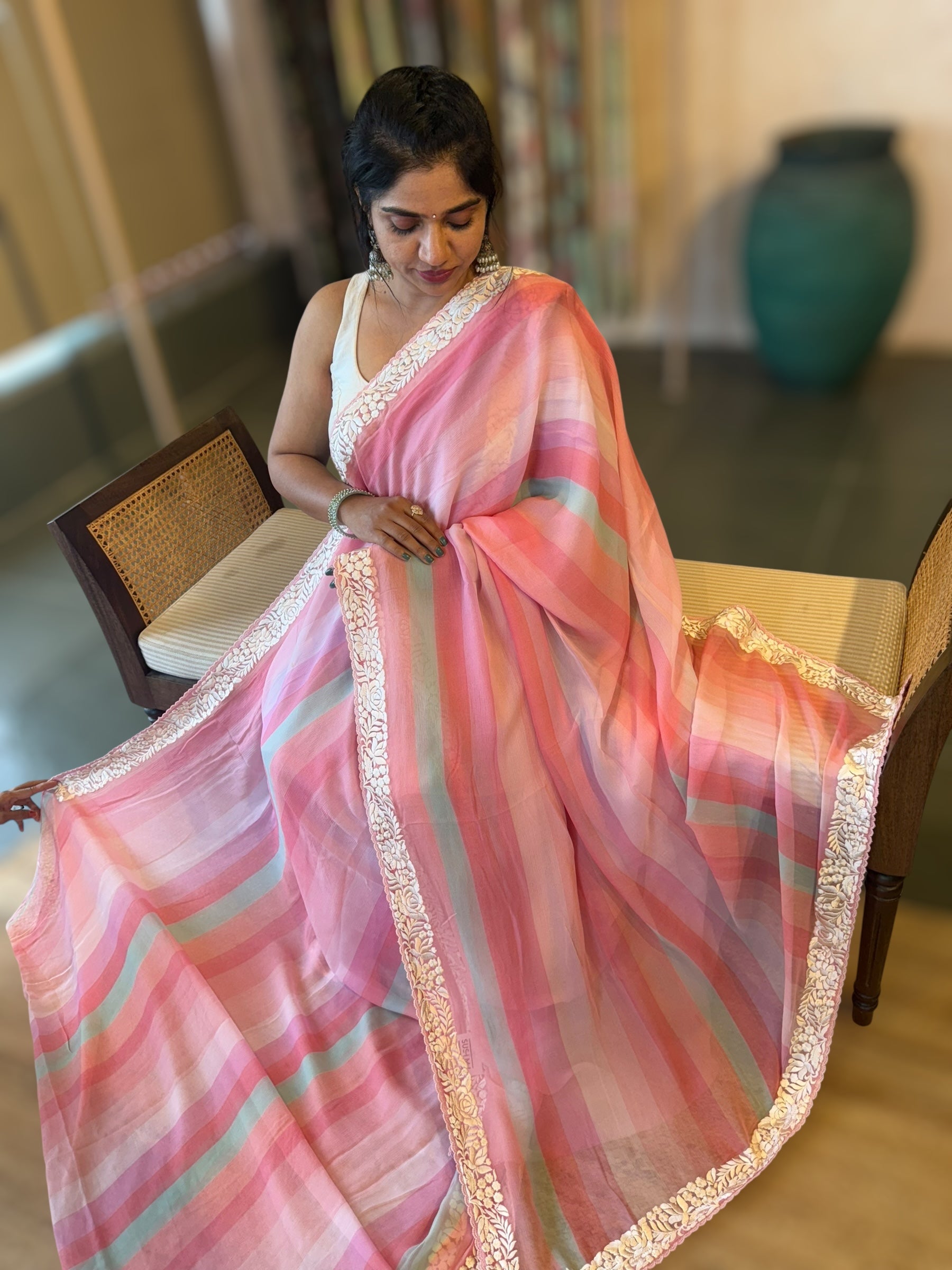 Pure Chiffon Saree with Ombre Brush dyeing & Parsi Gara Embroidered Border
