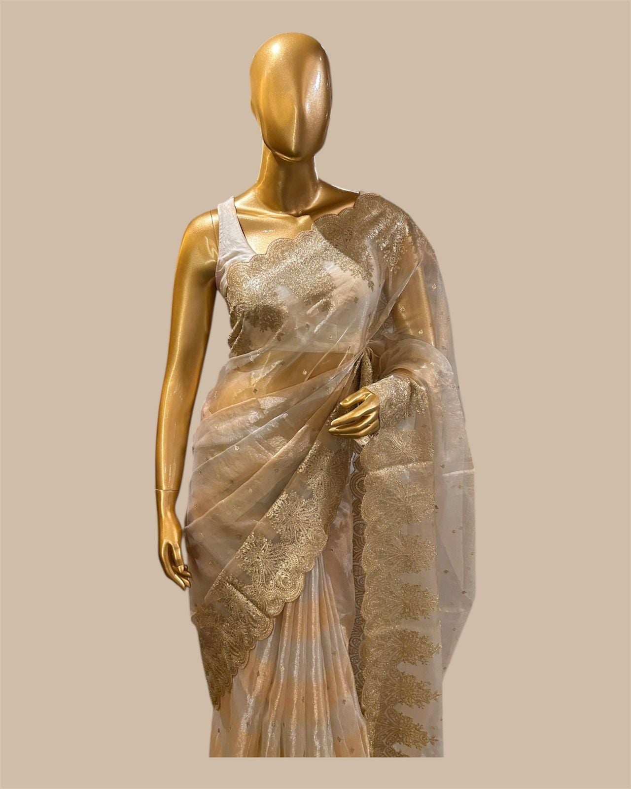 Pure Tissue Saree with silver and golden zari wide stripes & Embroidered Borders