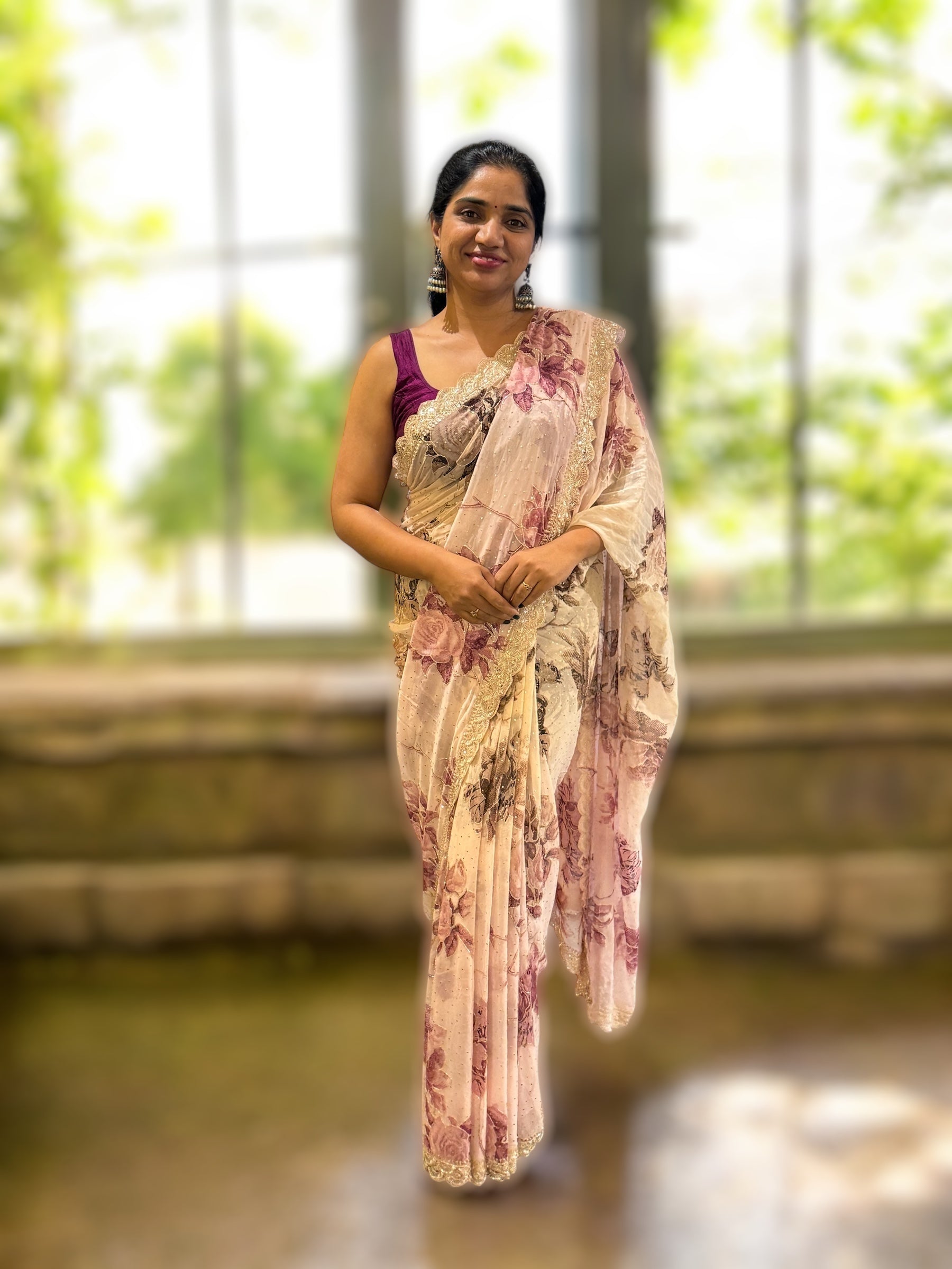 Blue Gorgette printed Saree  with handwork borders