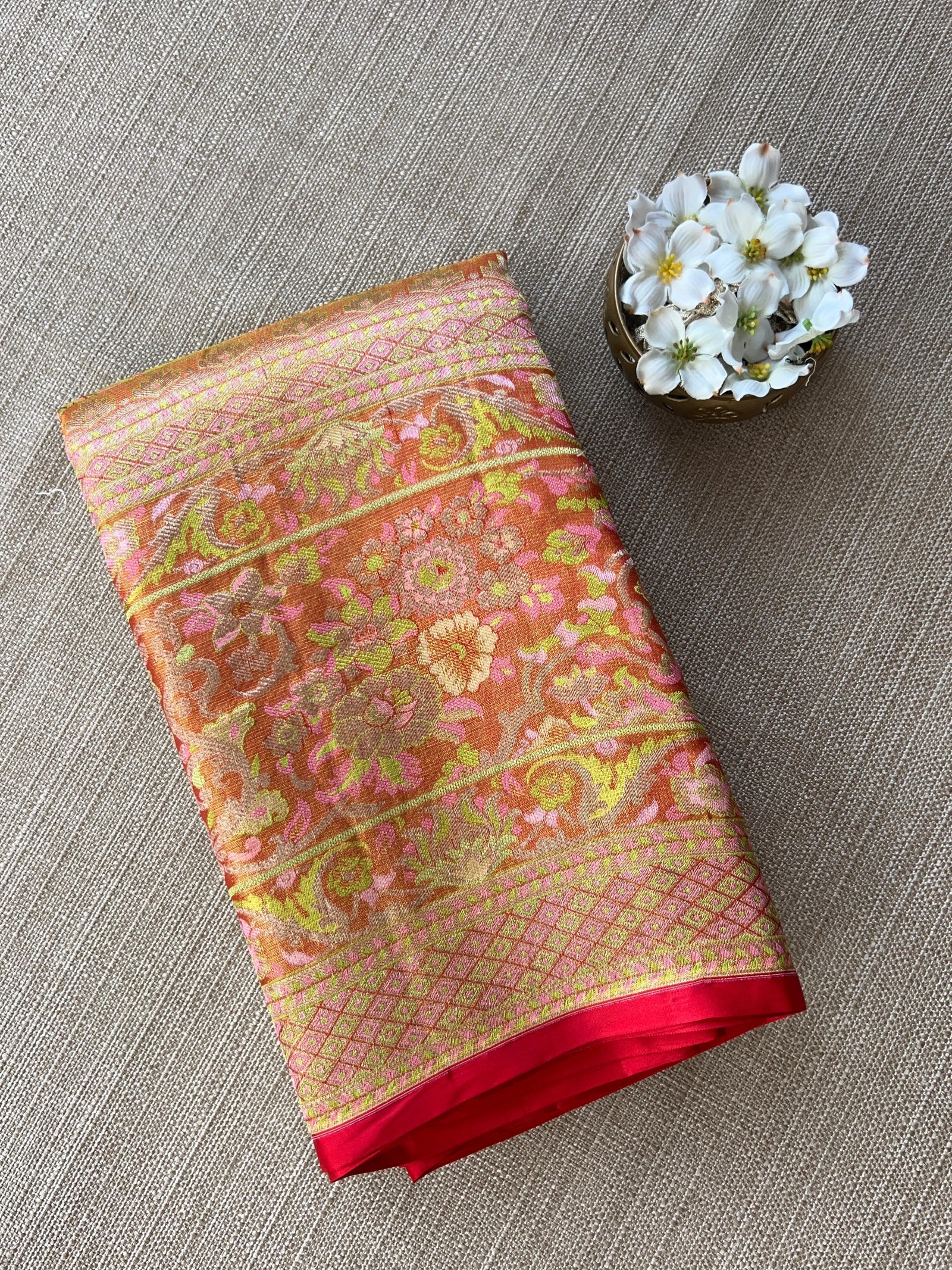 Lime Green & Red Combo Pure Kanjeevaram Meenakari Saree