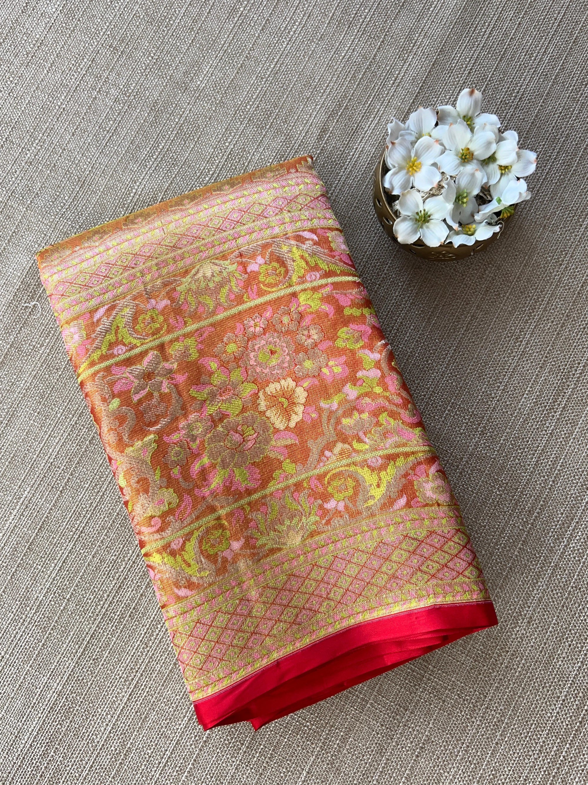 Lime Green & Red Combo Pure Kanjeevaram Meenakari Saree