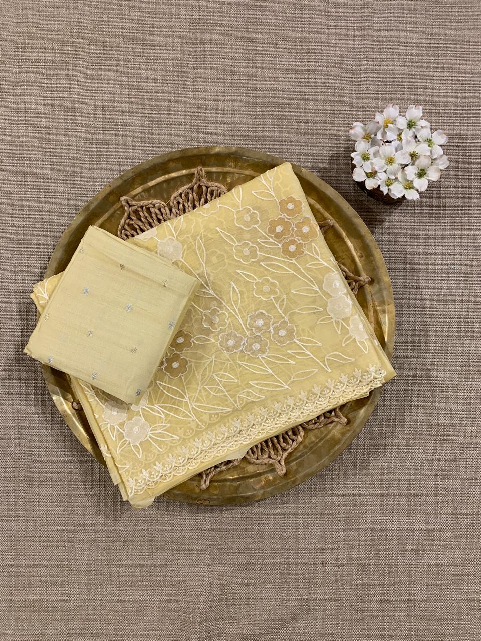 Besan Yellow Organza Applique work Saree