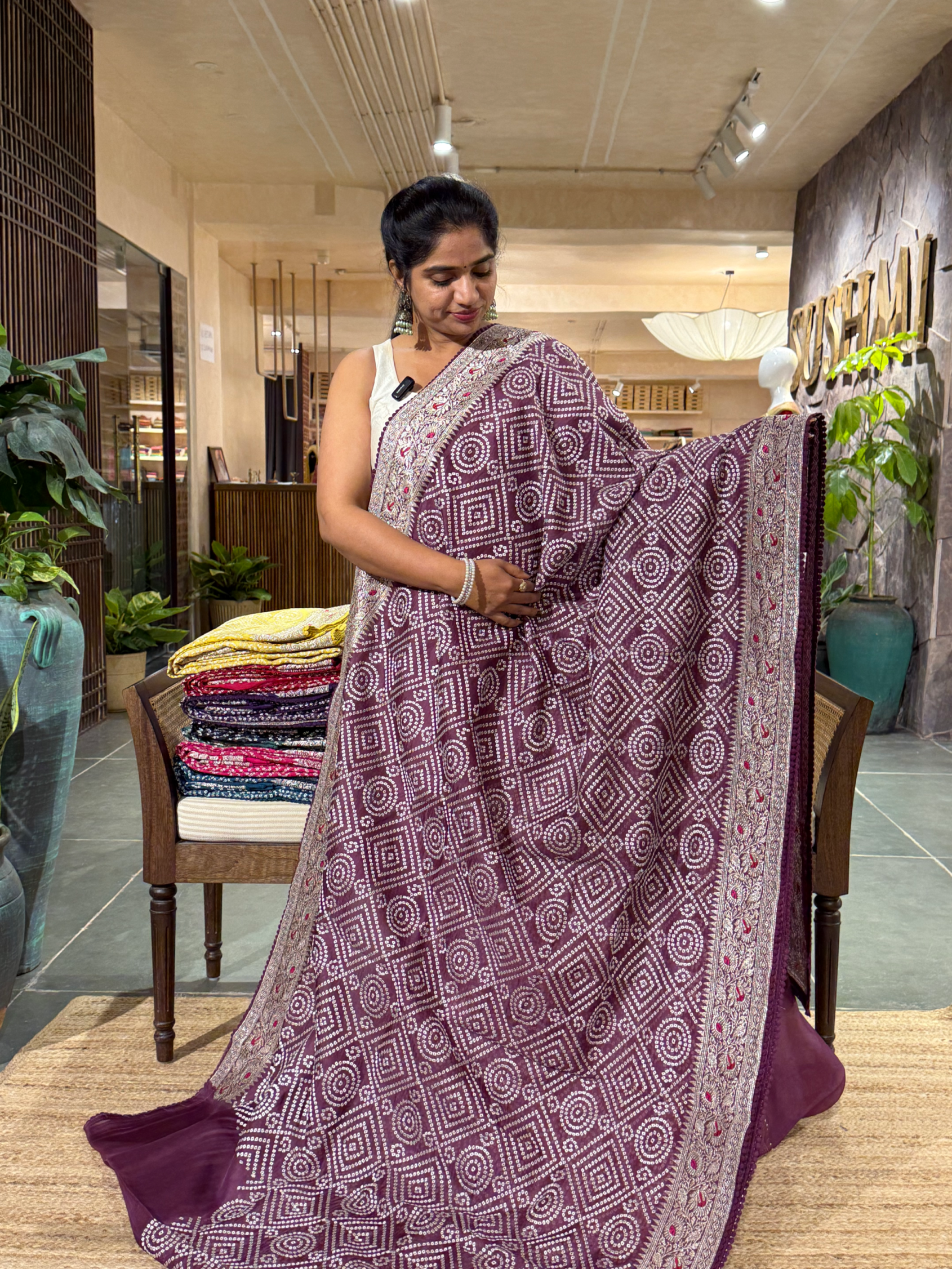 SOBBM172 : Wine Organza Banarasi with Bandhini Look Allover Embroidery