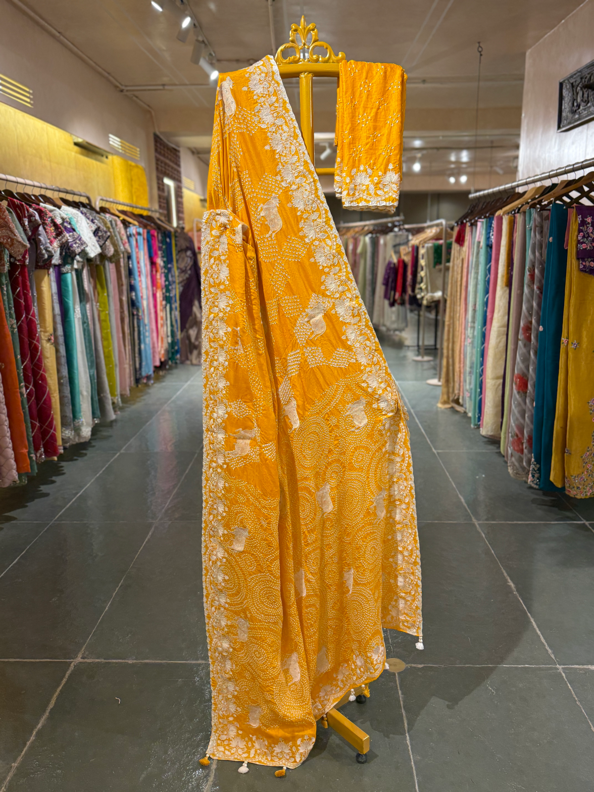 Marigold Pure Gajji Silk Rai Bandhej Saree with Pichwai Embroidery