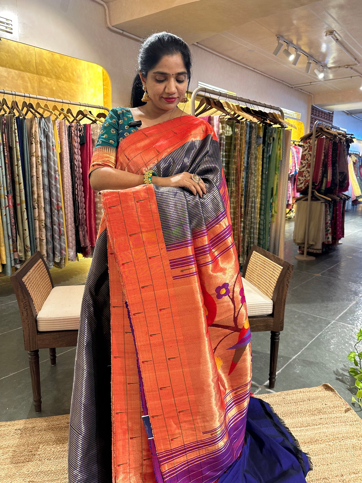 Navy Blue stripes Tripple Muniya Saree