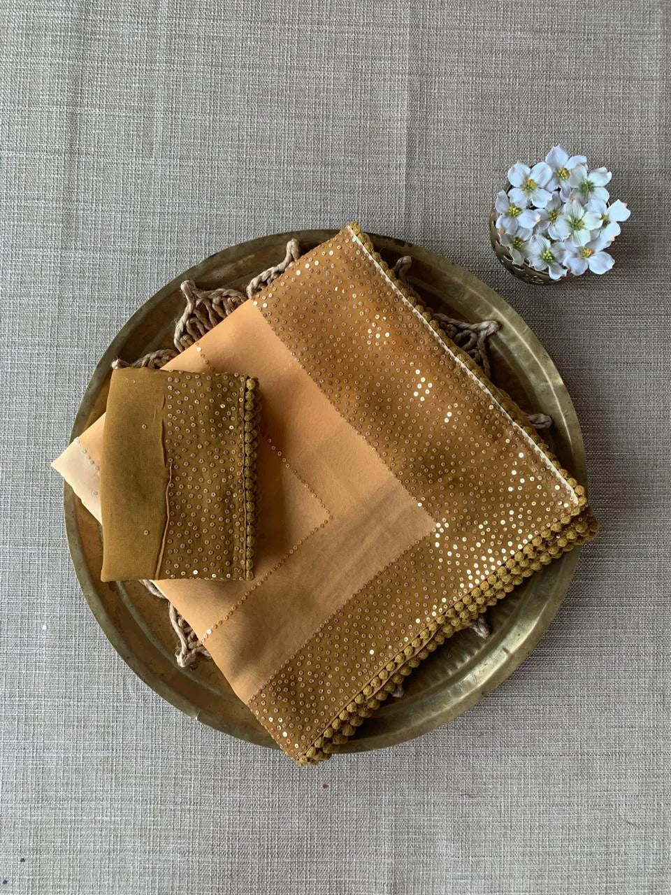 Light mustard Pure Gorgette Saree With Shaded Sequnce Border