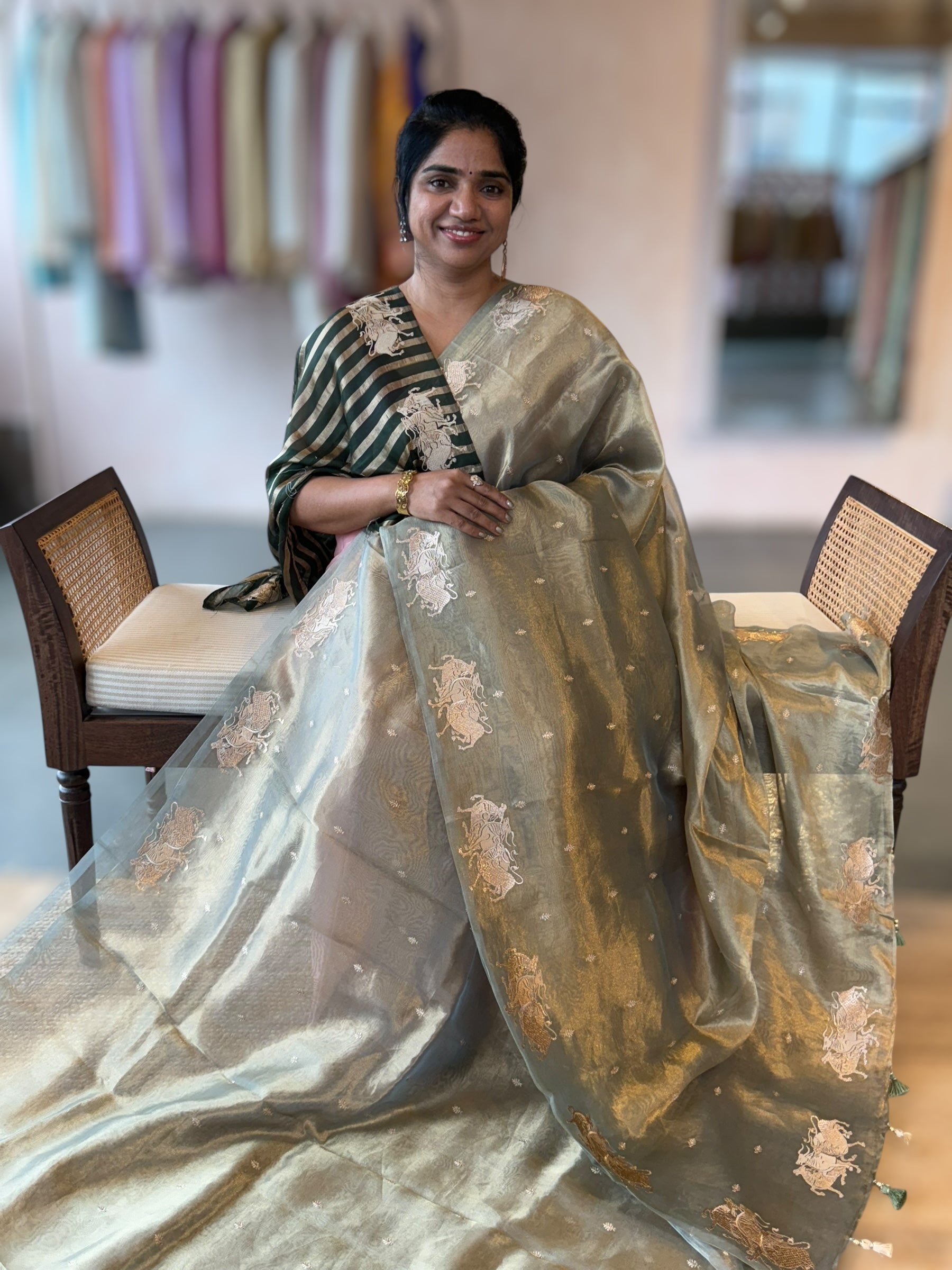SageGreen Handloom Tissue Saree wth Nandi Embroidered Border & Stripes Tissue BP