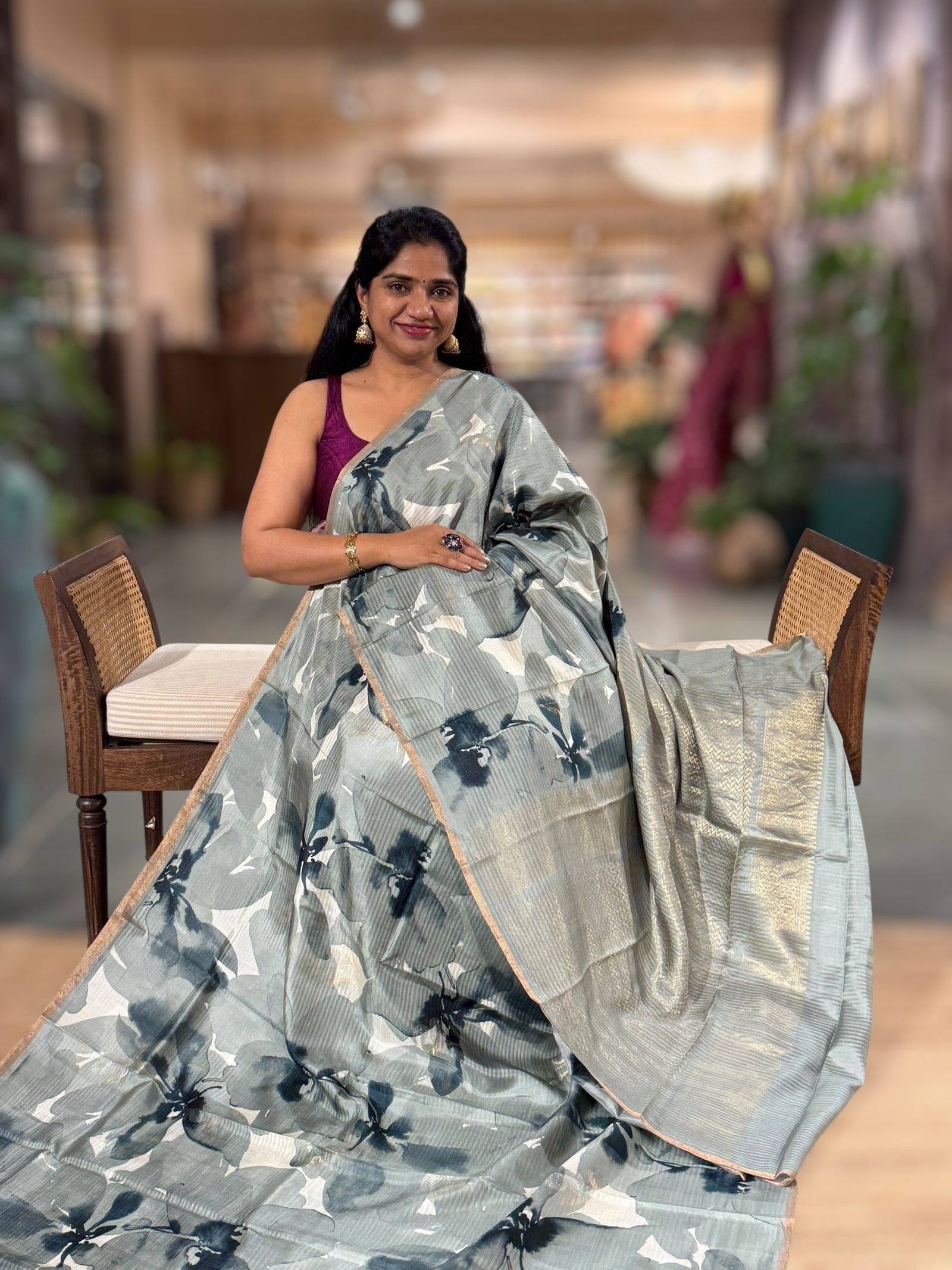 Light Sage Green  Kanchi Soft Silk with Allover Water Color Paint Style Print